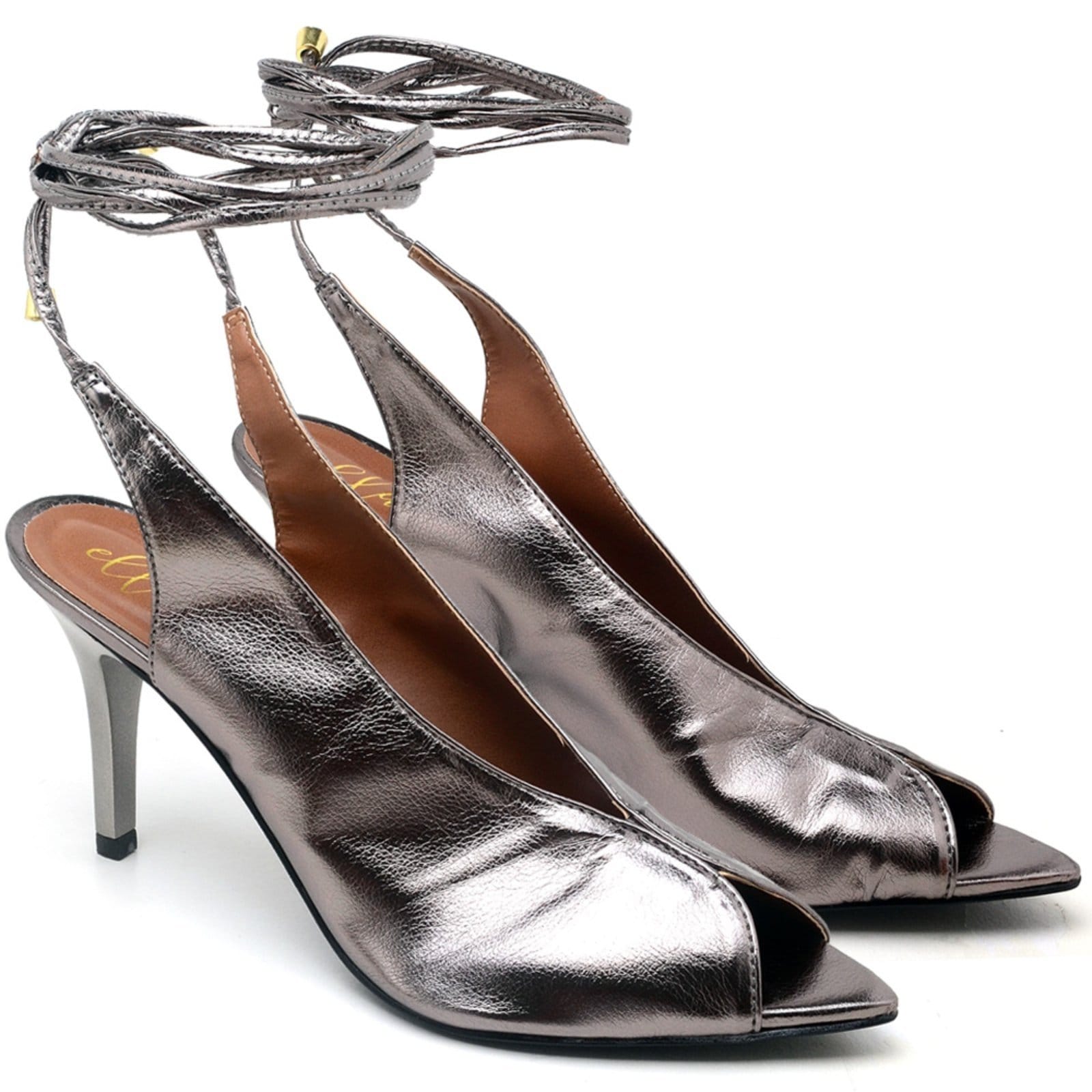 Vista principal Sandália Salto Médio Bico Folha Metalic Prata Velho Ella's ZAFREM cinza