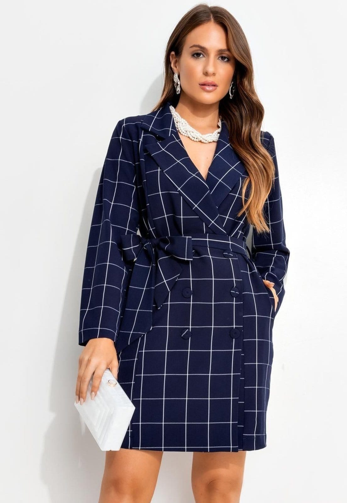 Vista principal Vestido Em Tecido De Alfaiataria Xadrez Grid Quintess azul