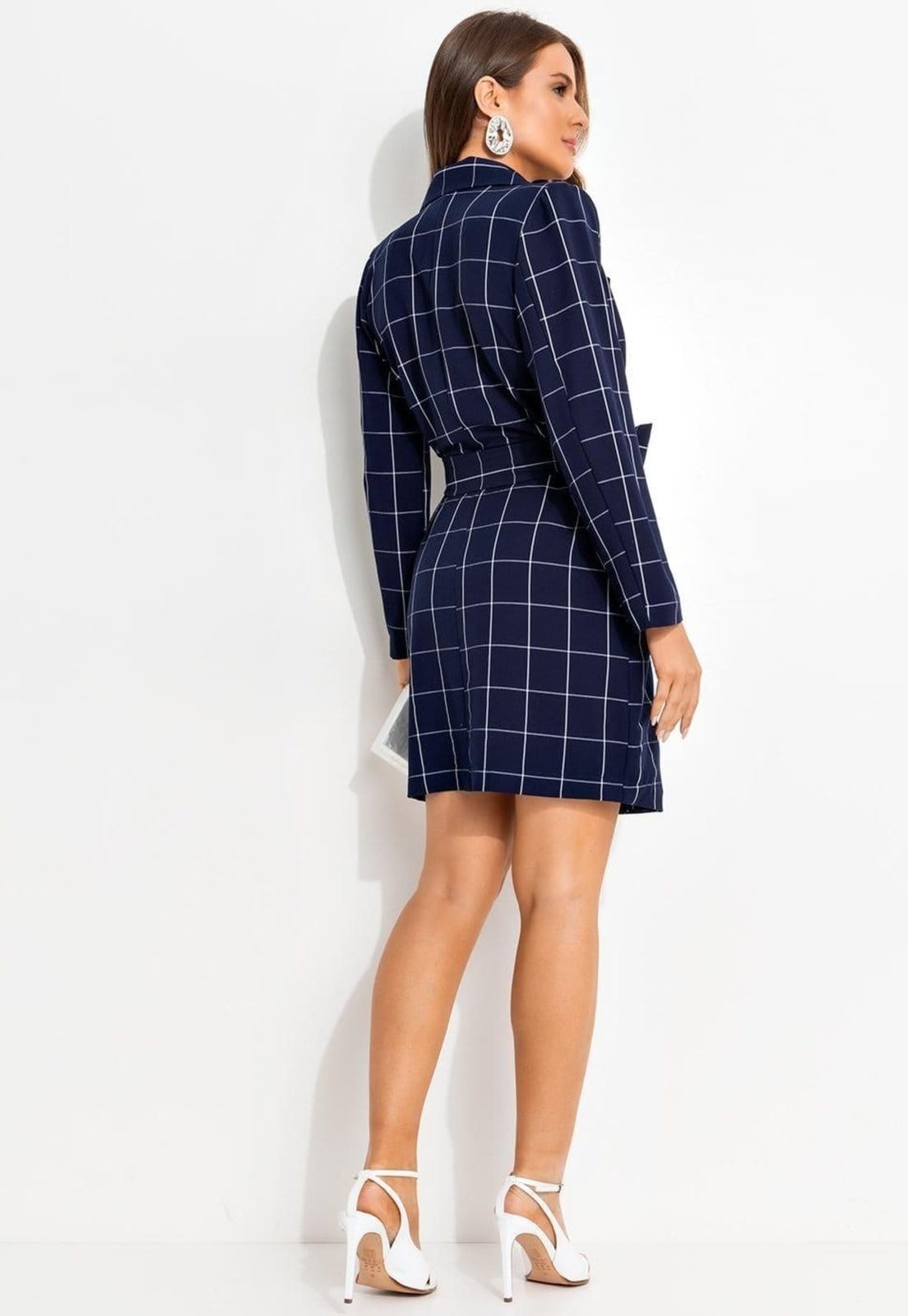 Vista 2 Vestido Em Tecido De Alfaiataria Xadrez Grid Quintess azul