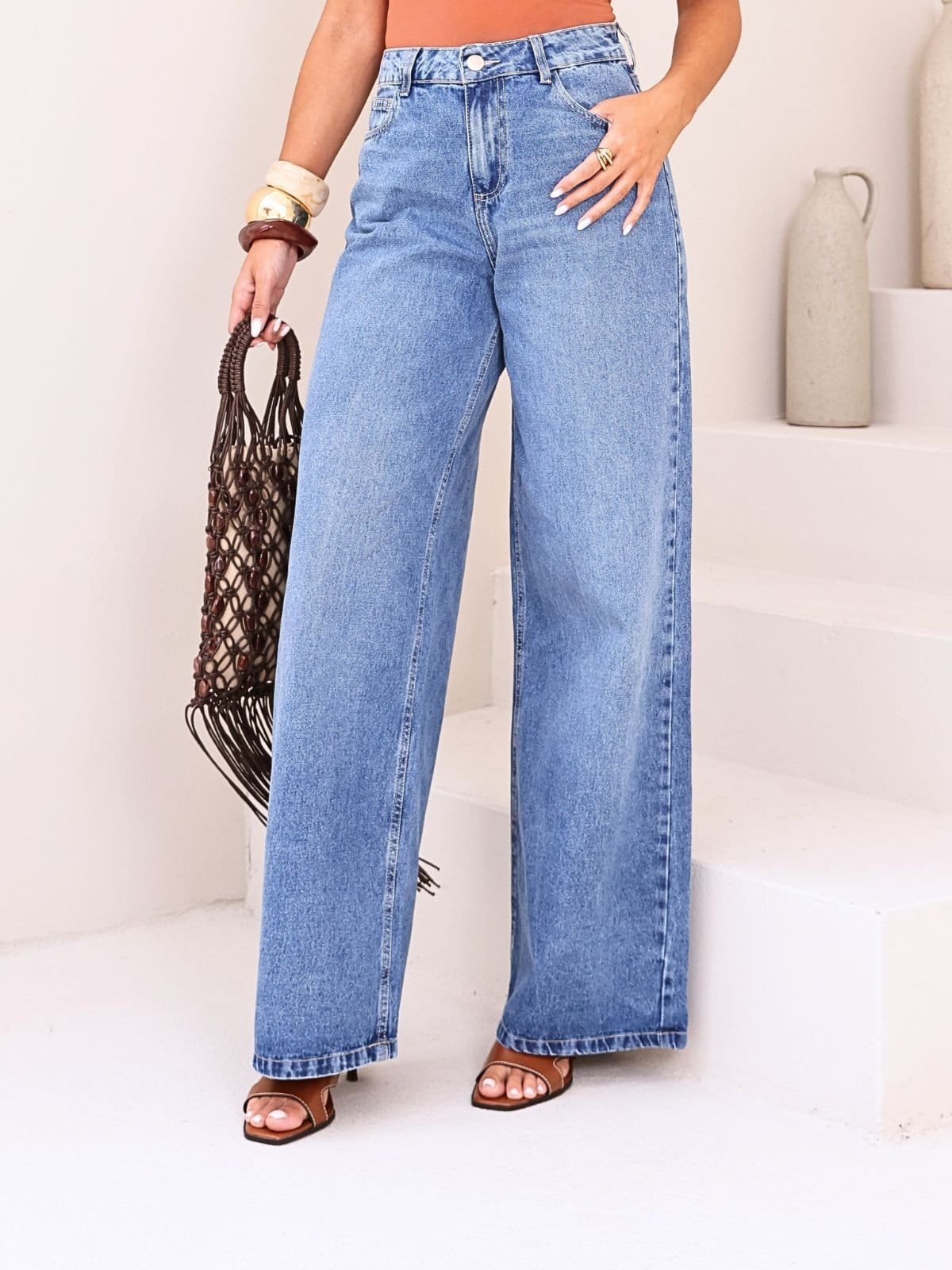 Vista principal Calça Jeans Pantalona Média Crawling azul