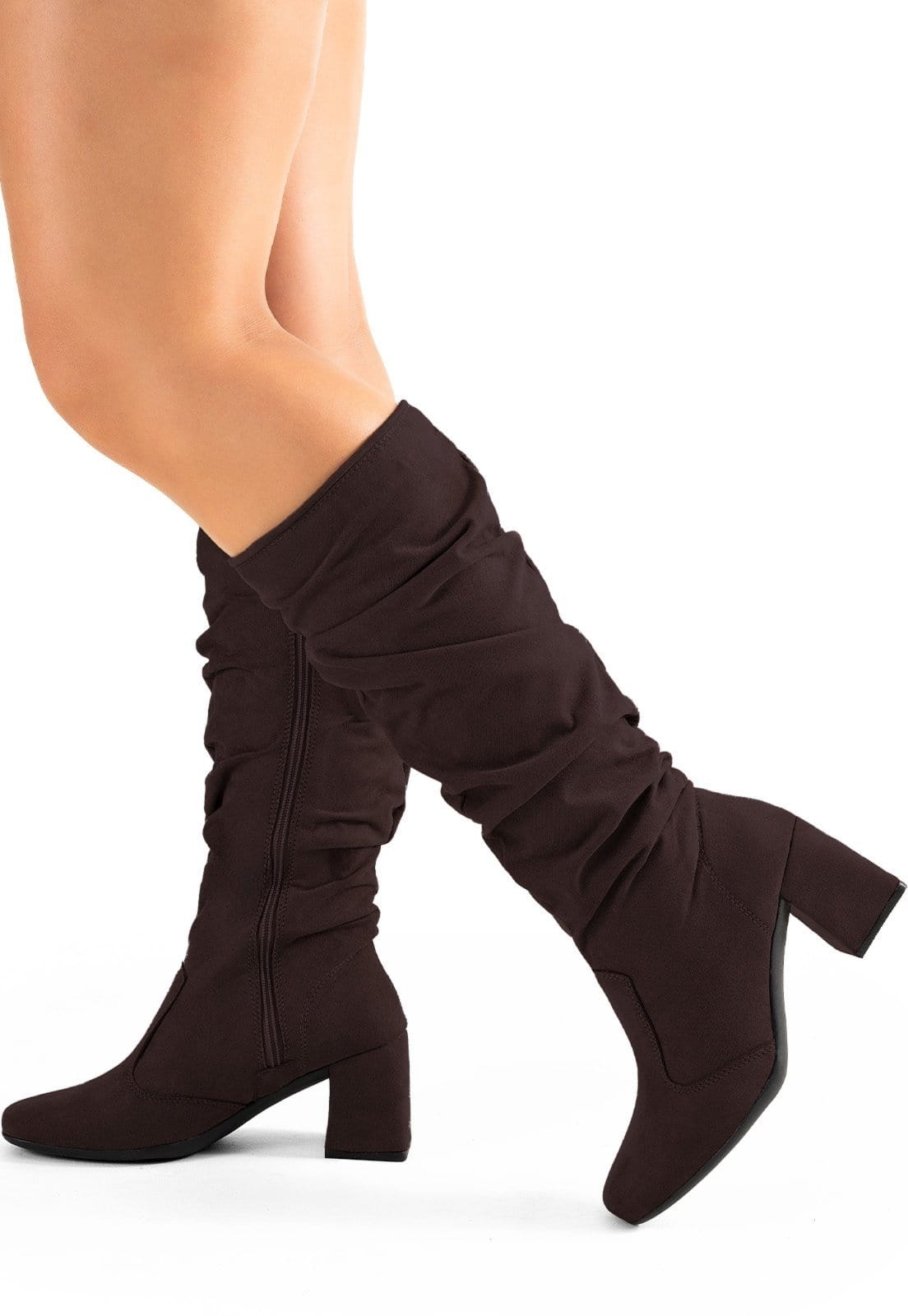 Bota Feminina Lumiss Camurça Suede Cano Longo Enrugada Slouchy Salto Bloco