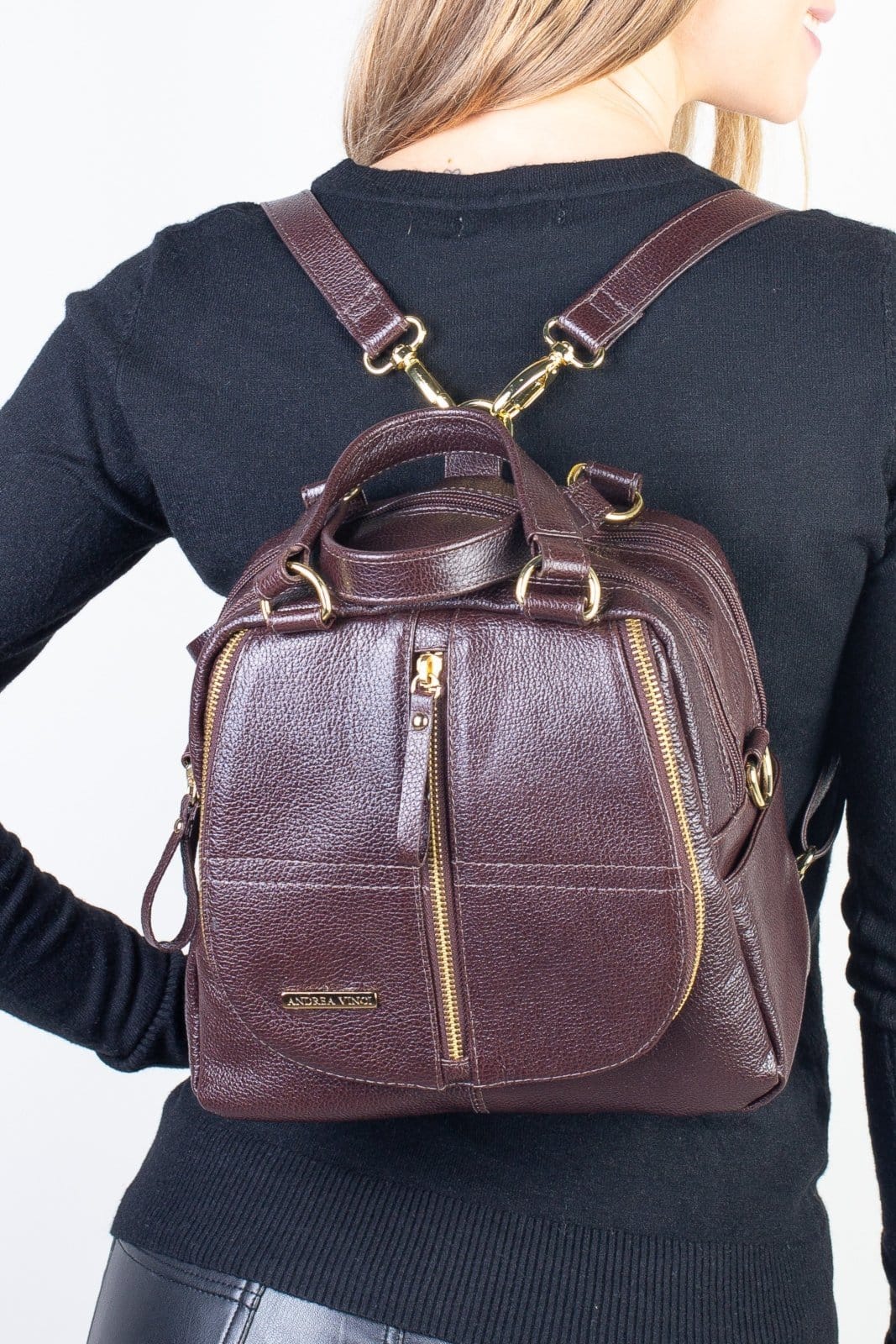 Bolsa Andrea Vinci mochila de couro liso 3 em 1 Marina - Café