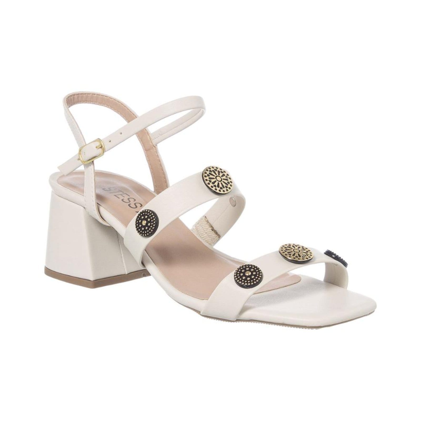 Sandália Feminina Salto Baixo Grosso Bloco Tiras Enfeite ABS Off White