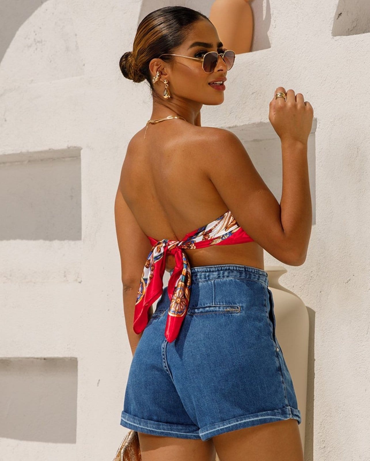 Vista 2 Shorts Rope Feminino Cintura Alta com Cordão 24247 Média Consciência jeans