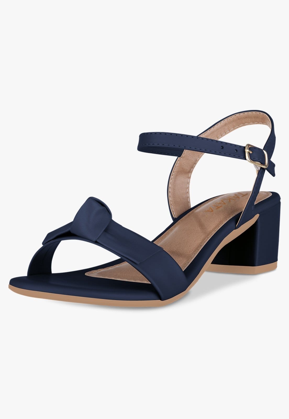 Sandália Feminina Salto Baixo Bloco Grosso Casual Confortável Laço Nó Marinho