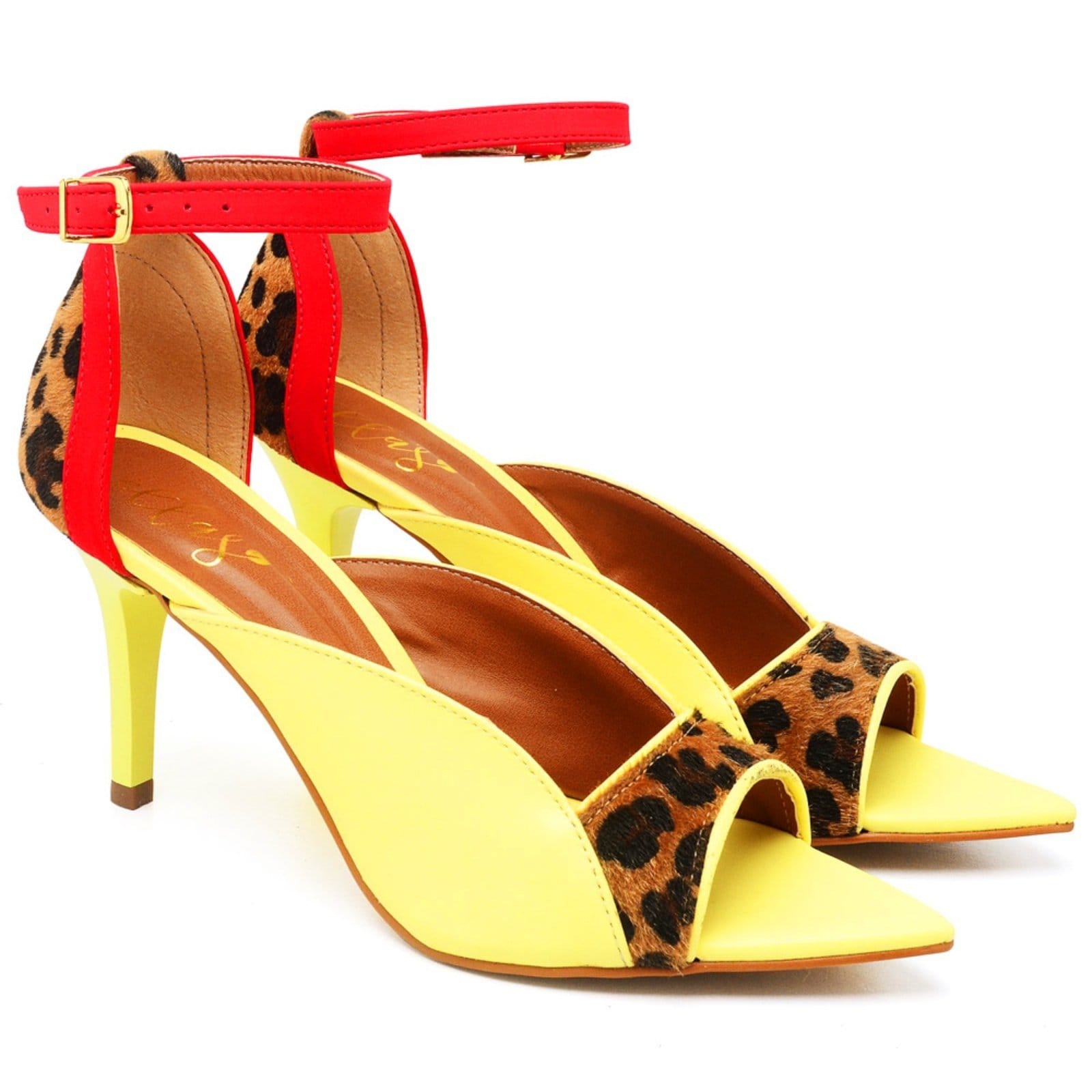 Vista principal Sandália Bico Folha Salto Médio em Couro Siciliano Ella's ZAFREM amarelo/onça