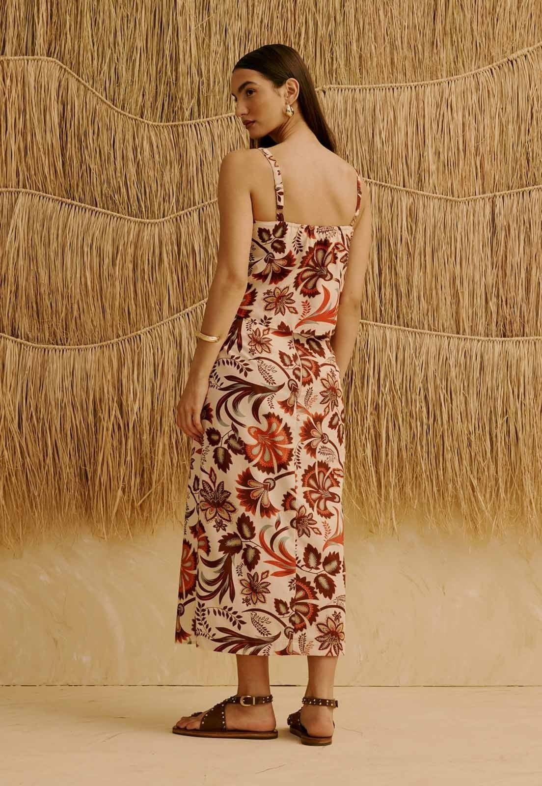 Vista 2 Saia Midi com Pregas Estampada Tika CaCay marrom