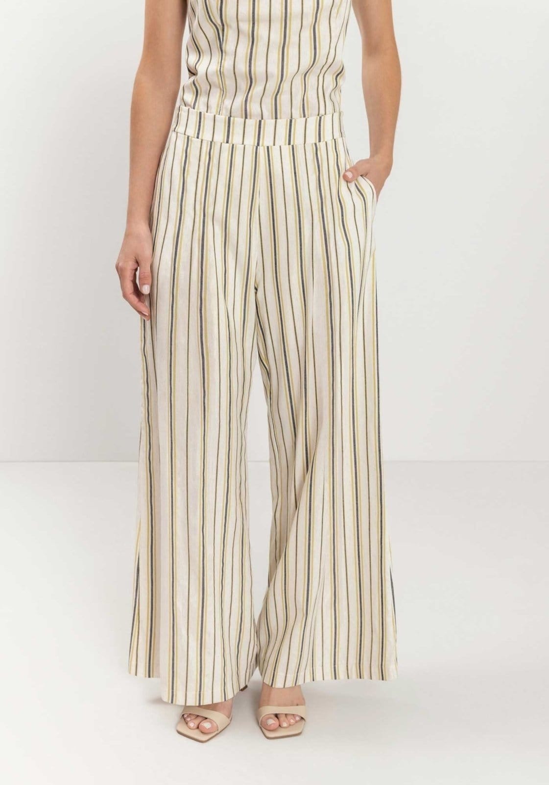Vista 2 Calça Lez a Lez Pantalona De Cintura Alta Em Linho Leve Listrado Lez a Lez poás