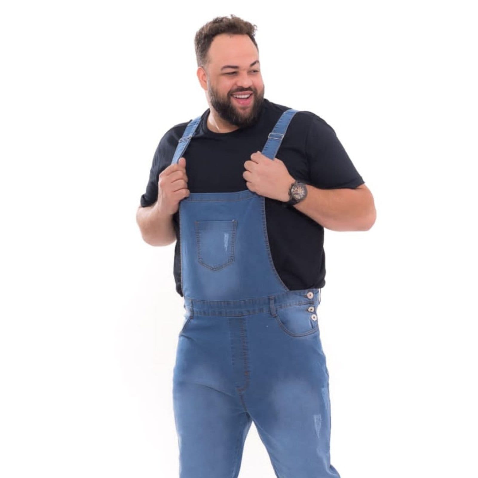 Vista 2 Macacão Masculino Claro Plus Size Alleppo Jeans azul