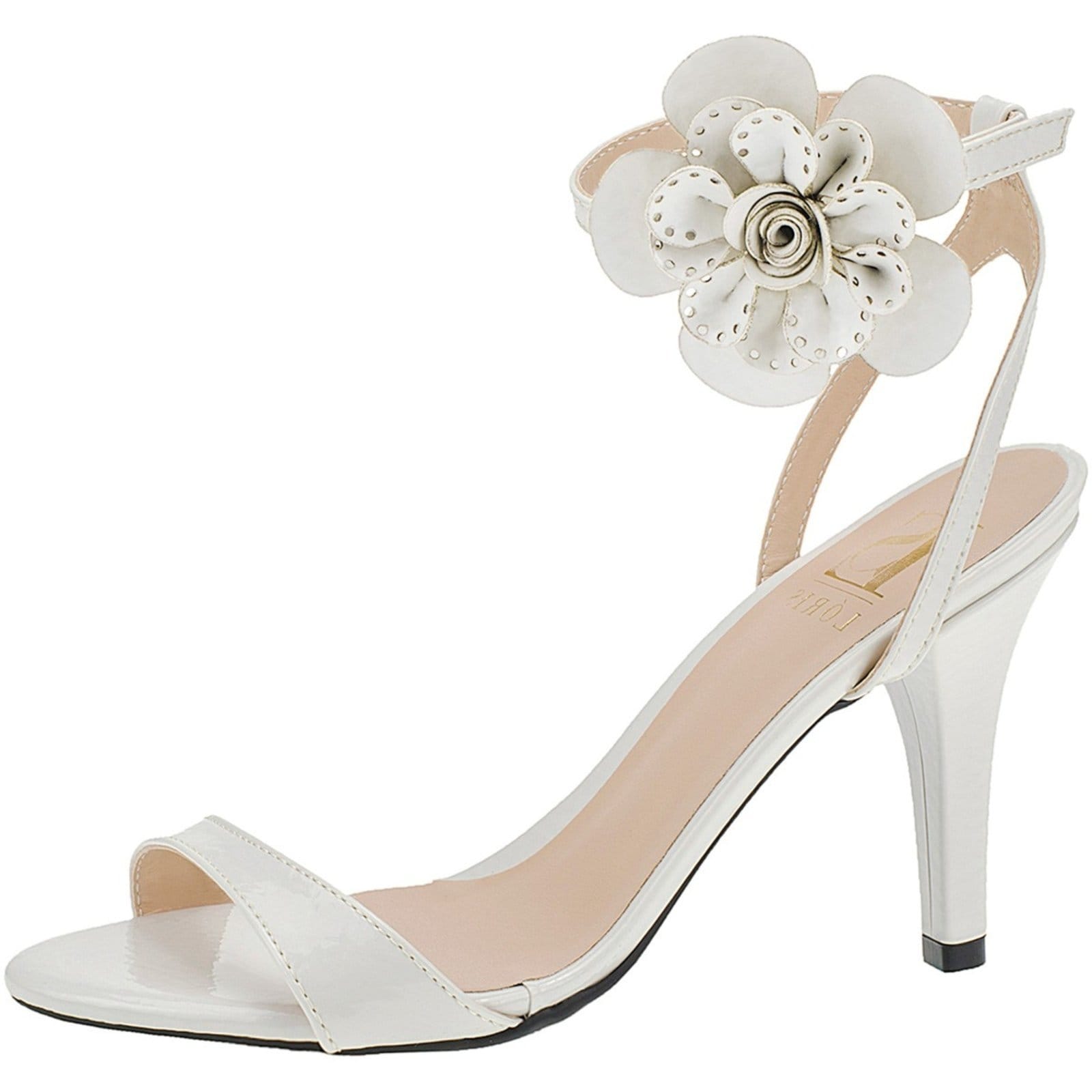Vista 2 Sandália Lóris Shoes com Flor Giseli Feminina Social Verniz Salto Alto Fino Fivela Traseiro Bico Redondo 13-150 Off White LÓRIS SHOES off-white white
