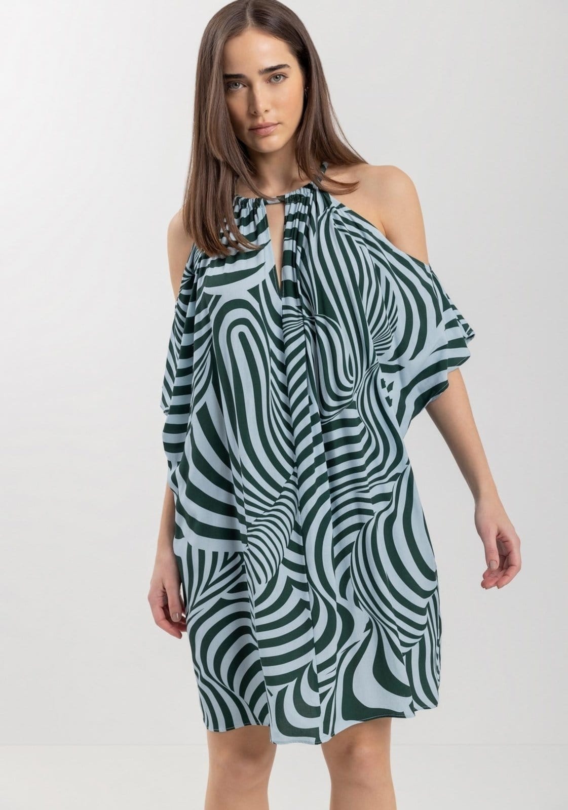 Vista 2 Vestido Lez a Lez Curto Fluido Estampado Com Mangas Amplas Em Viscose Lez a Lez poás