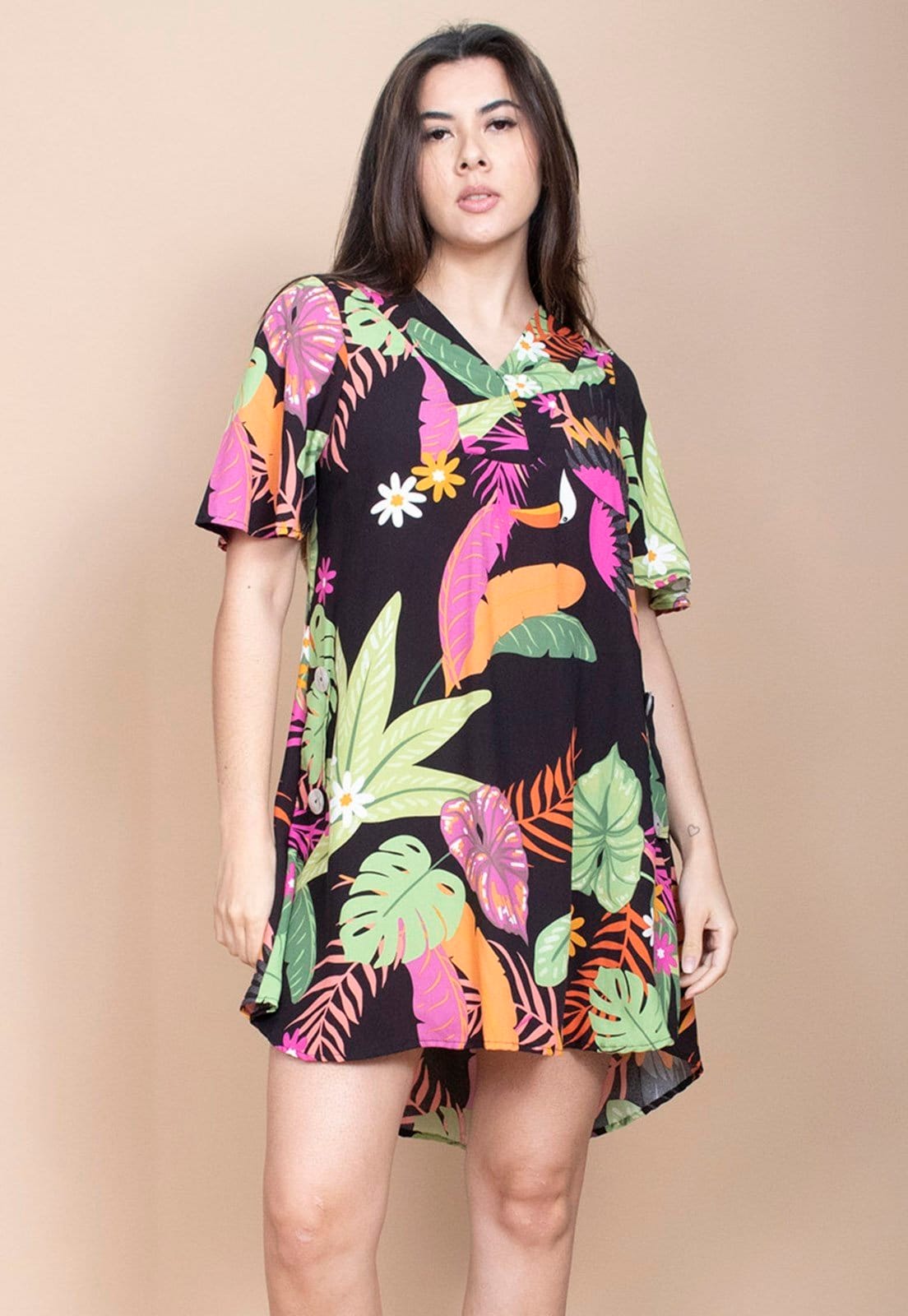 Vista principal Vestido Curto Cabanafree Pataxô Viscose Mullet Decote V Noite Botânica Cabanafree azul/estampado/rosa/verde