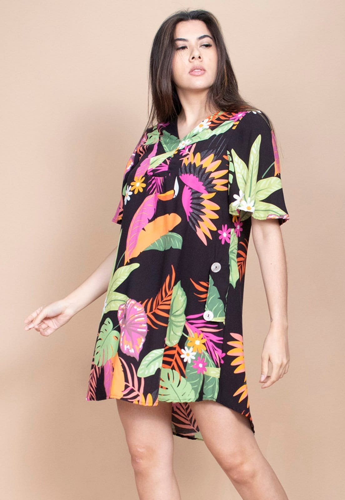 Vista 2 Vestido Curto Cabanafree Pataxô Viscose Mullet Decote V Noite Botânica Cabanafree azul/estampado/rosa/verde