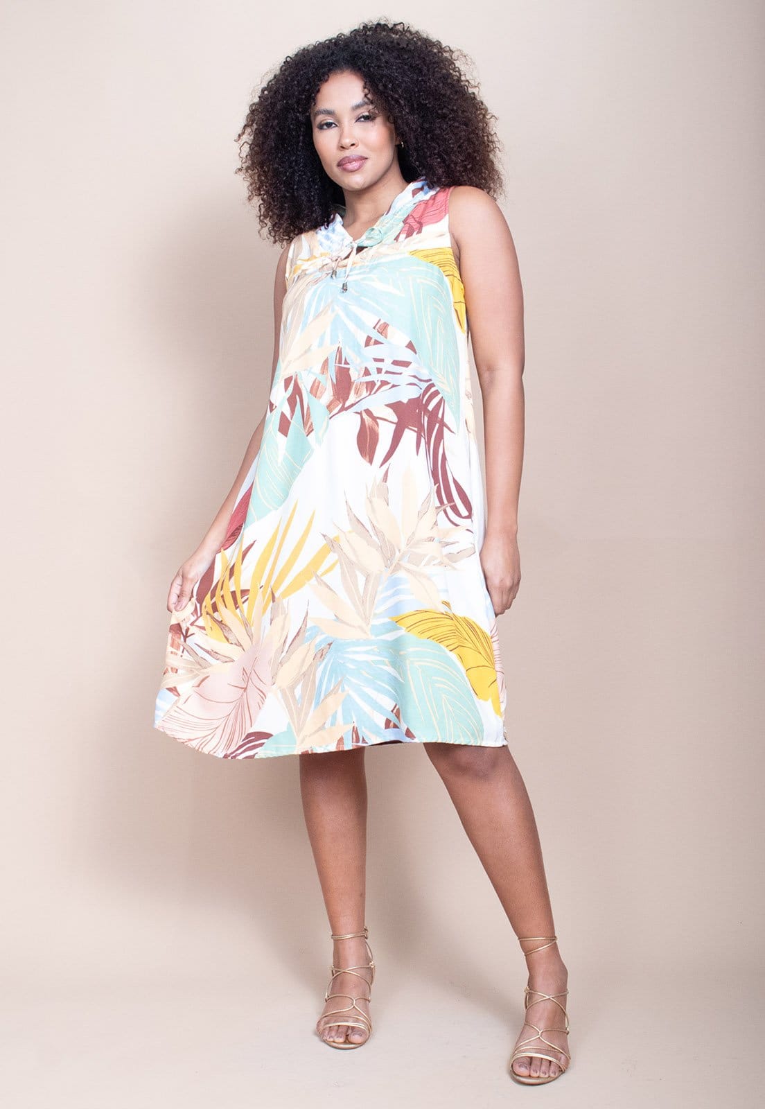 Vista principal Vestido Midi Cabanafree Viscose Piaf Aurora Suave Cabanafree amarelo/azul/estampado/off-white