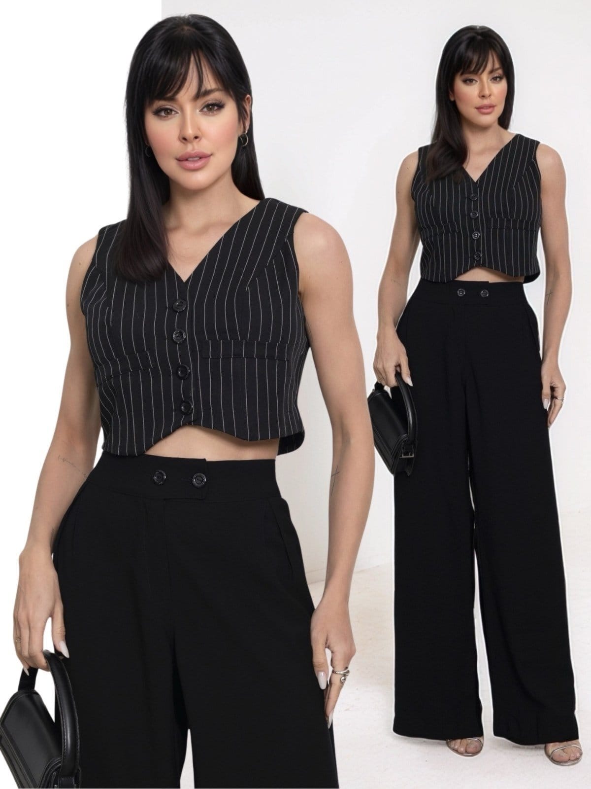 Vista principal Conjunto Feminino Alfaiataria Divina Gata Colete Calça Pantalona Listra Fio Tinto DIVINA GATA preto