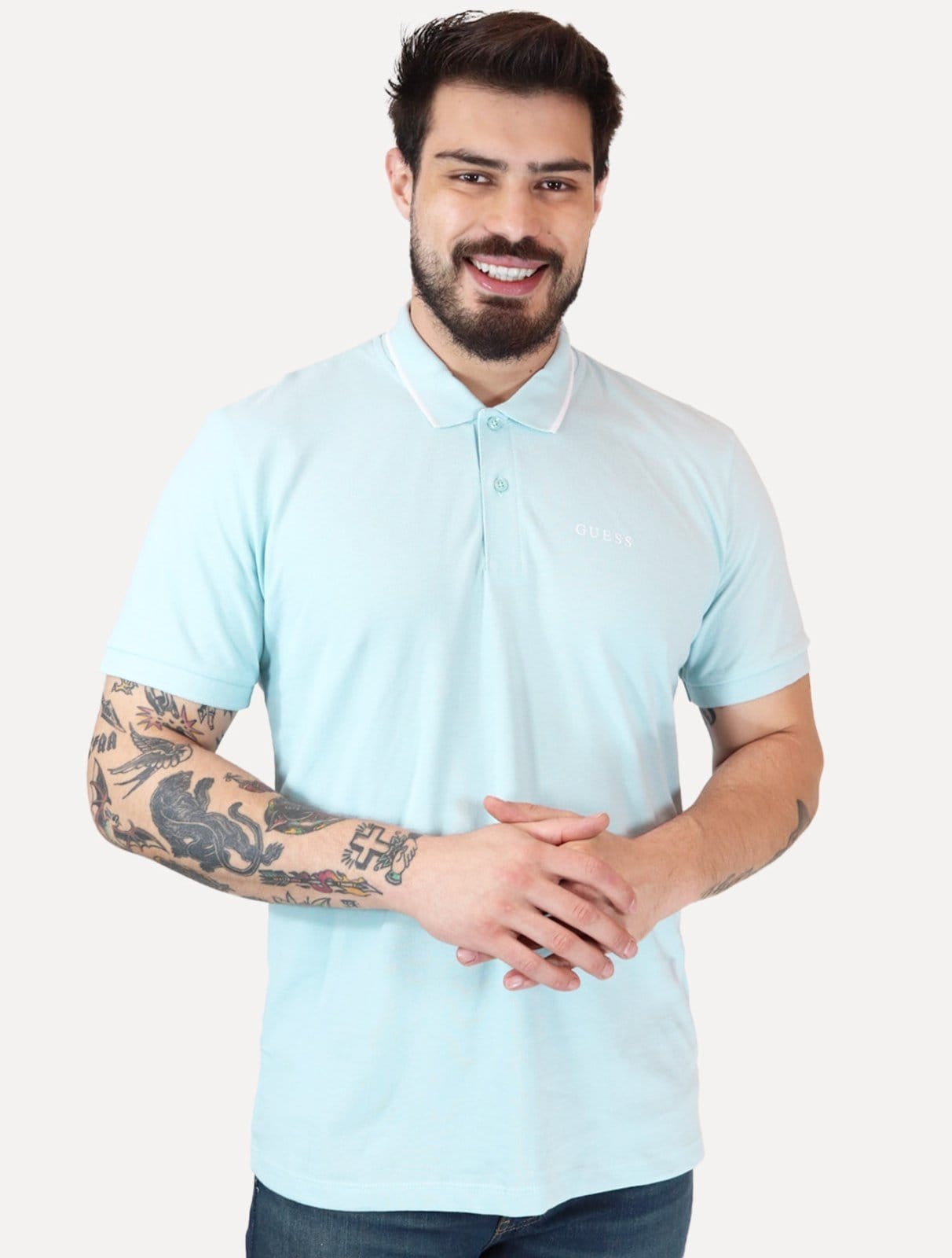 Vista principal Polo Guess Masculina Piquet Silk Linear Light Friso Claro Guess azul