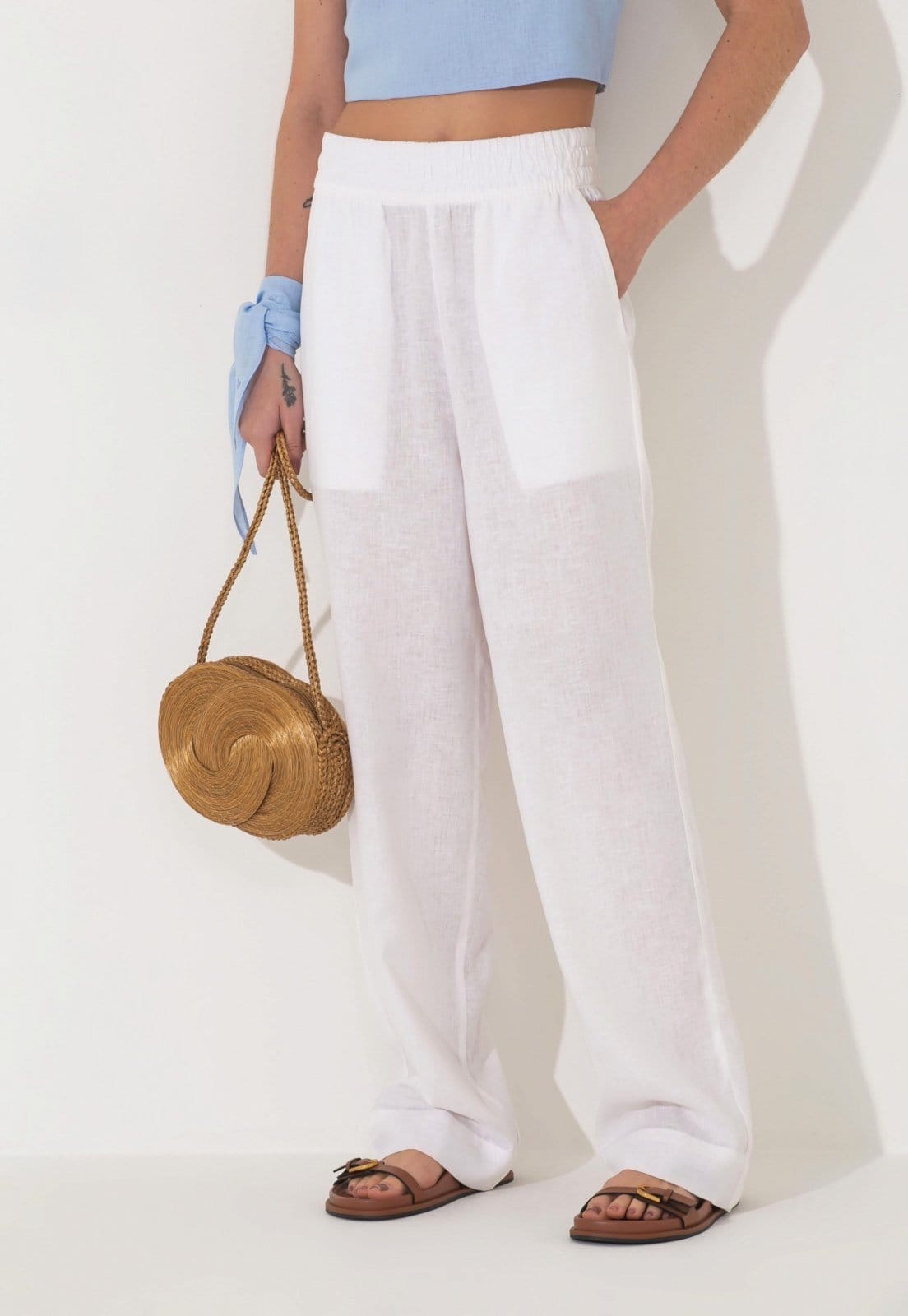 Vista 2 Calça Linho Traymon Comfy Com Bolsos Traymon branco