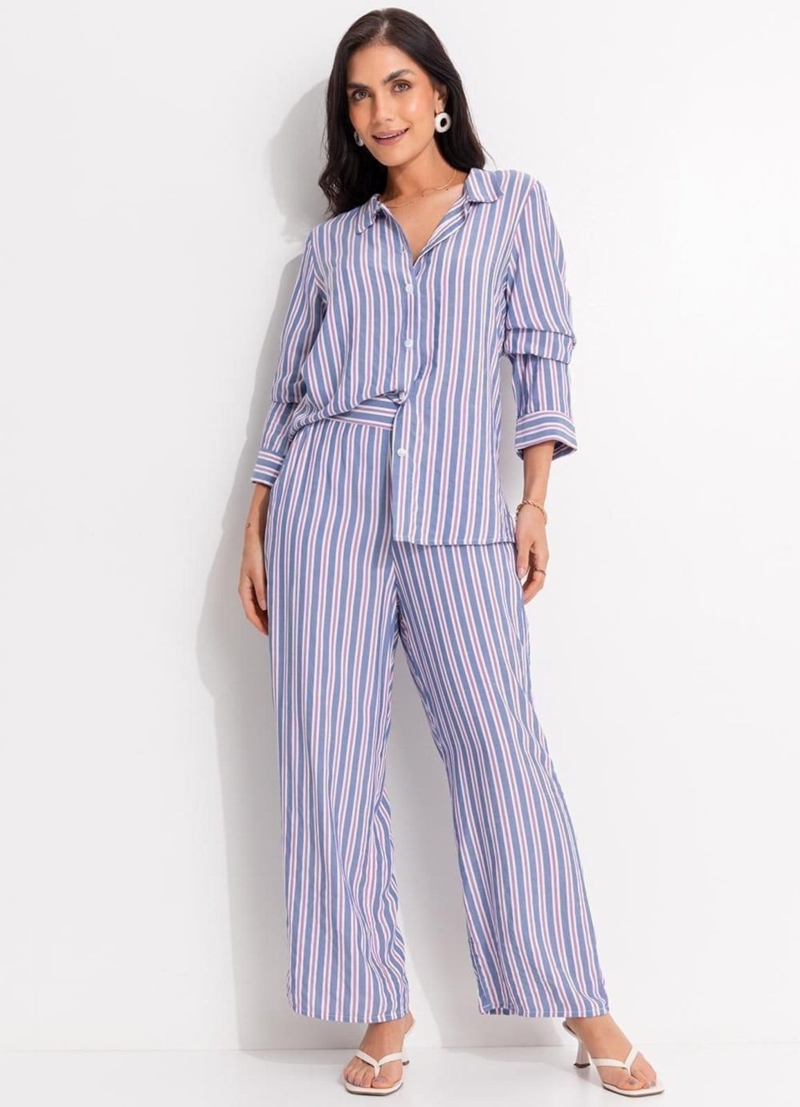 Calça Em Viscose Plana Quintess Listrado Colorido