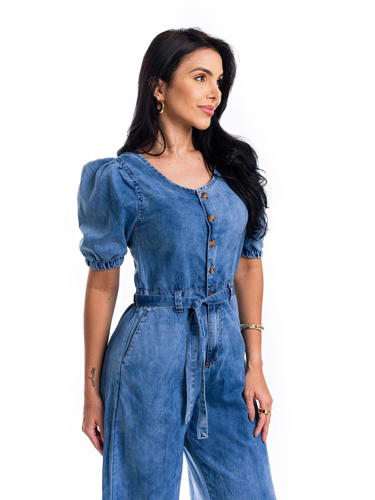 Vista 2 Macacão Pantalona Restrito Jeans Manga Bufante MÉDIO Restrito Jeans azul