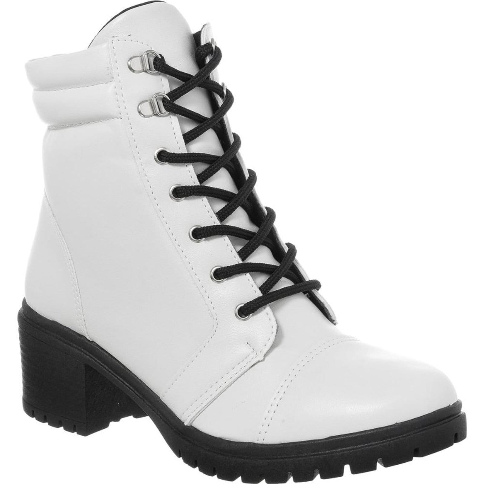 Vista 2 Bota Coturno Feminina Cano Baixo Tratorada Salto Confort Off White Com Preto Stessy Shoes branco/off-white white