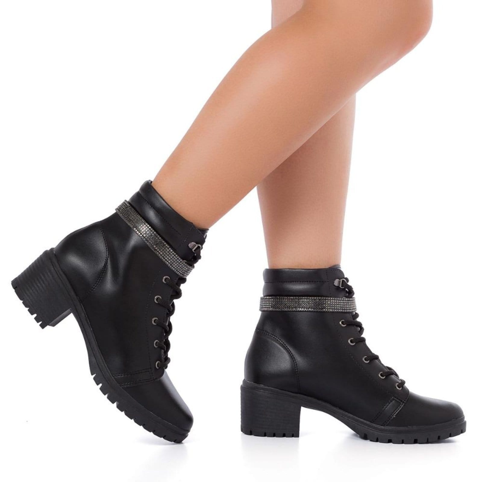 Vista 2 Coturno Bota Tratorada Feminina Strass Brilho Cano Curto Stessy Shoes preto