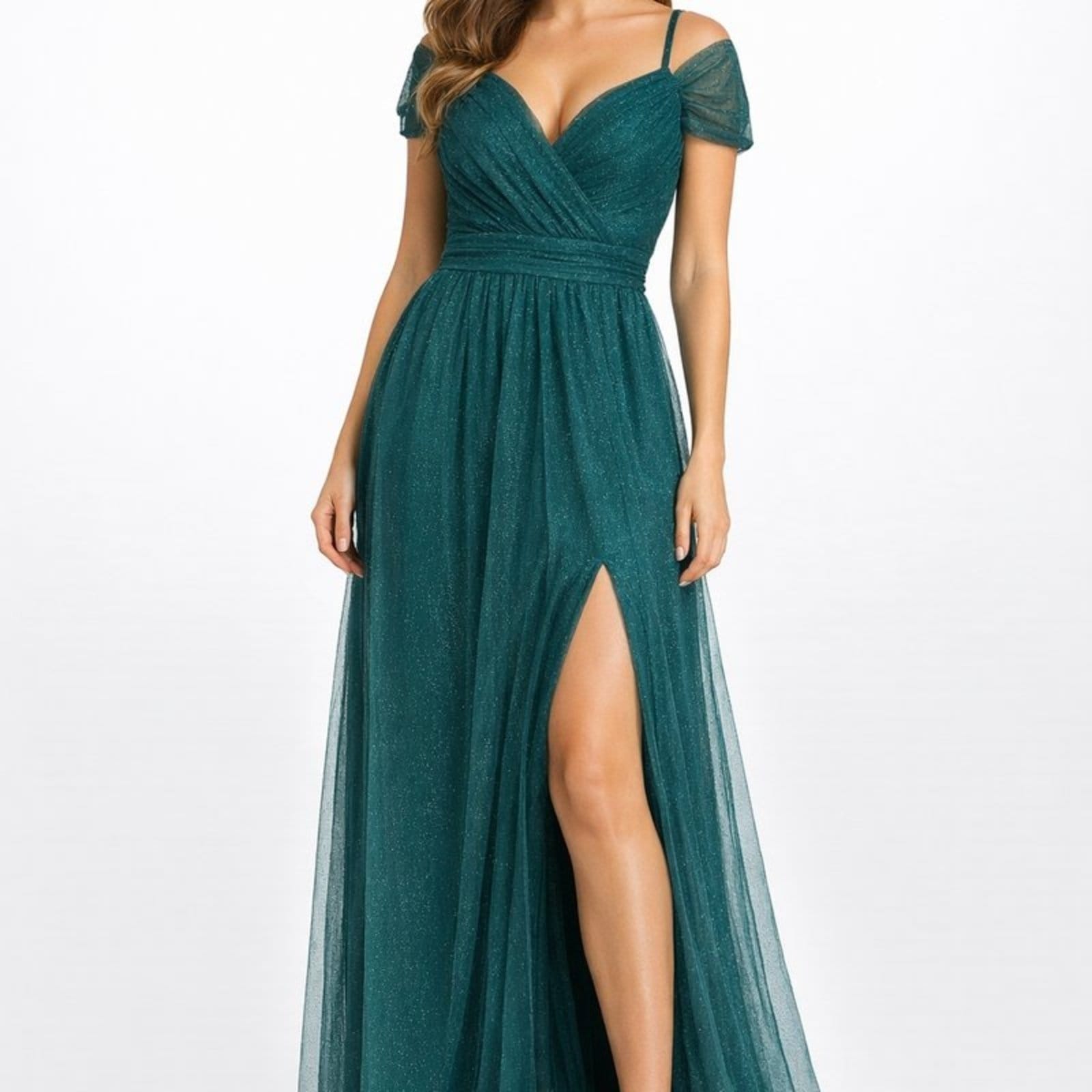 Vestido Longo Tule Brilhante com Fenda e Alça Ajustável