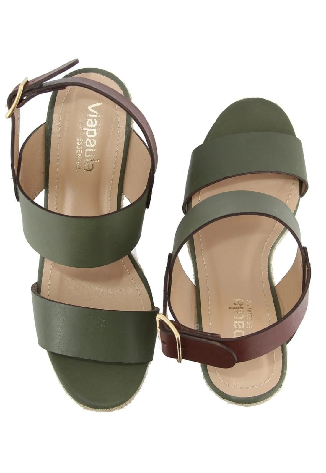 Vista 2 Sandália Anabela Feminina Em CouroMaria Paula Tiras Largas Cordas Army MARIA PAULA verde militar