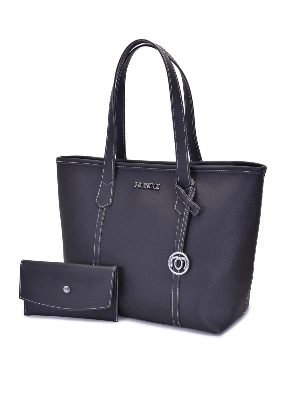 Vista principal Bolsa de Ombro Grande Moncci Fechamento de zíper Preta com Costura Branca MONCCI preto