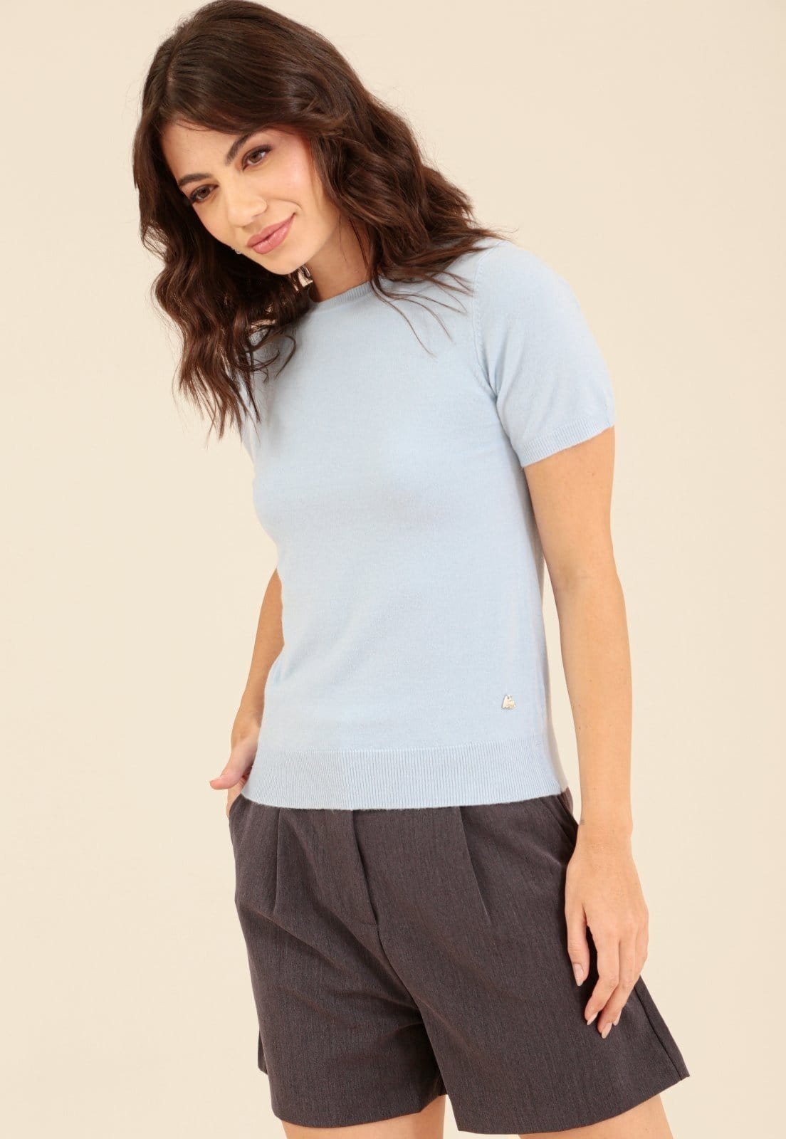 Vista principal Blusa Pop Me Em Tricô Manga Curta Decote Redondo Claro Pop Me azul