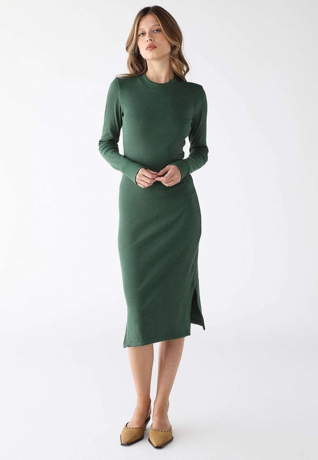 Vestido Midi Manga Longa Levosch Fendas Laterais Verde Militar