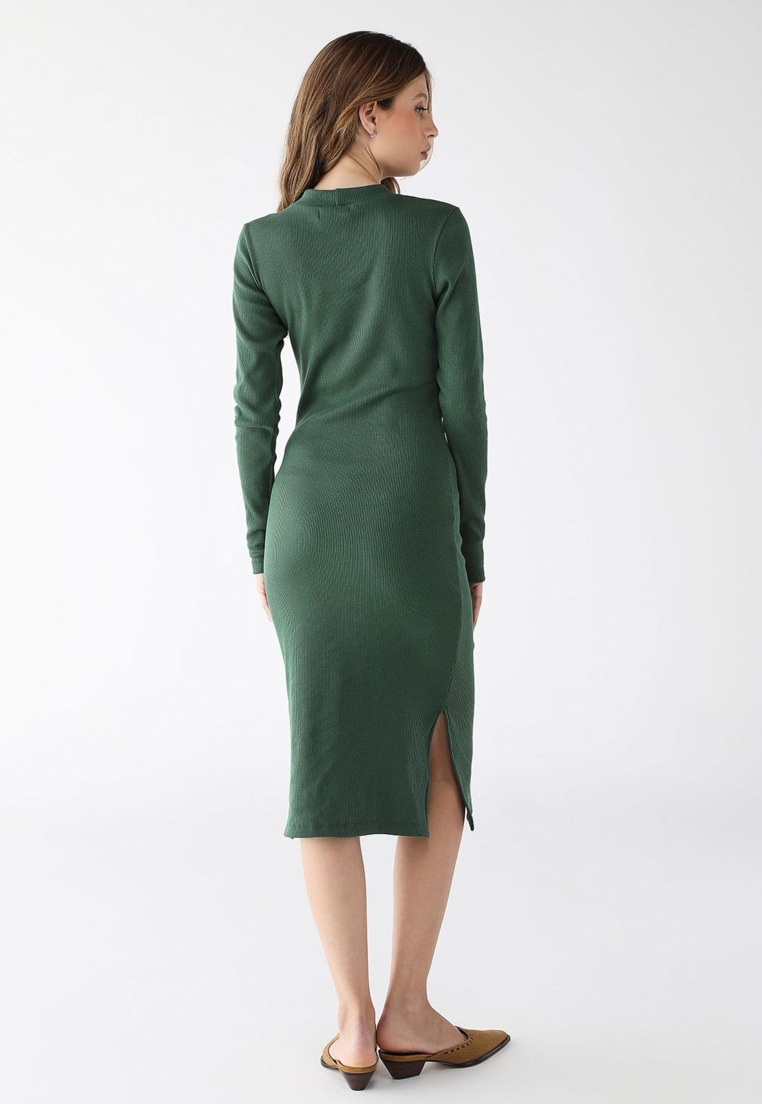 Vista 2 Vestido Midi Manga Longa Levosch Fendas Laterais Verde Militar 77VS LEVOSCH cinza verde