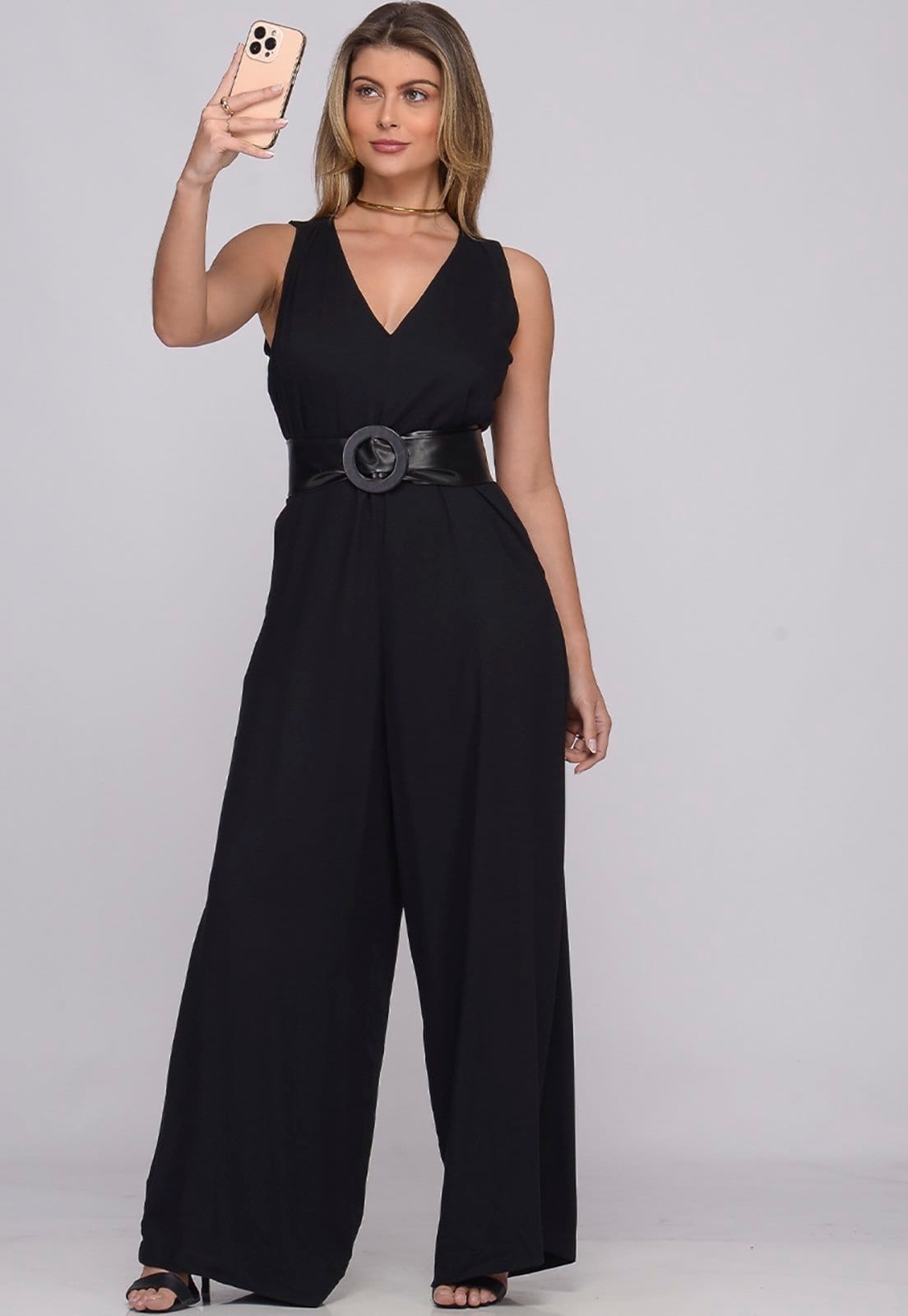 Vista 2 Macacão Pantalona Decote V B'Bonnie Bianca BBonnie preto