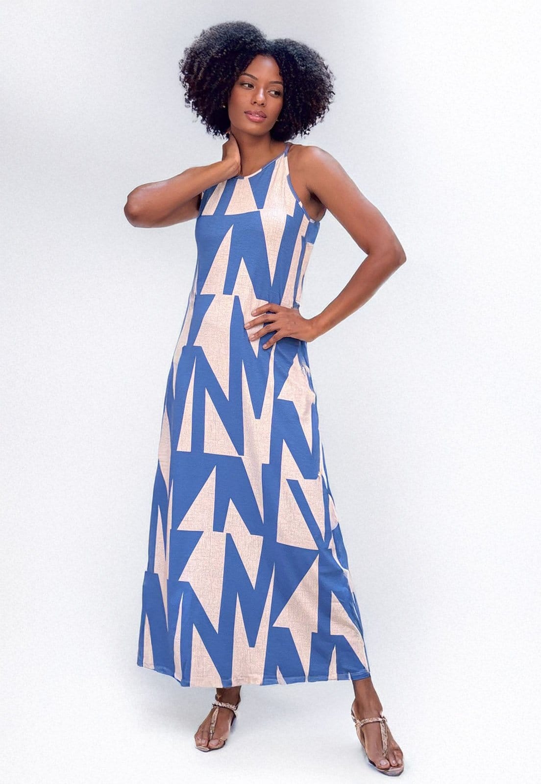 Vista 2 Vestido Longo Amazonia Vital Malha Trapézio Estampa Geométrico Blue Amazonia Vital azul/branco/estampado blue