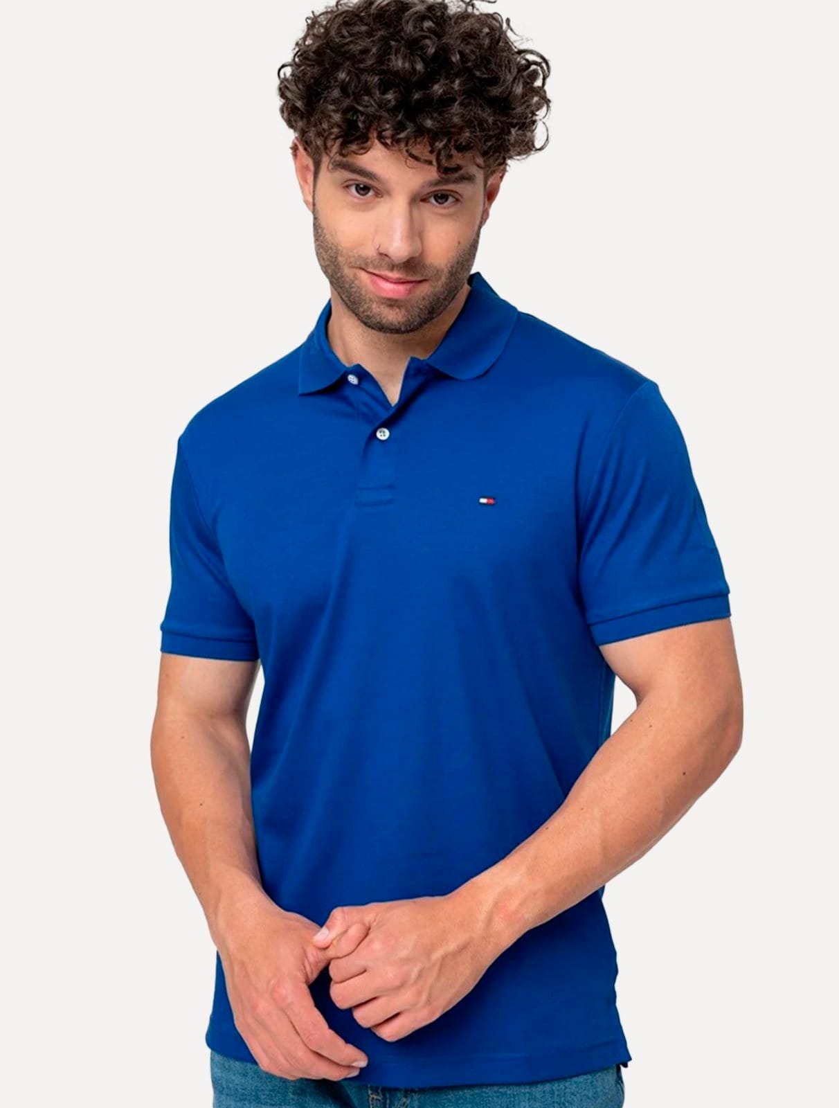 Vista principal Polo Tommy Hilfiger Masculina Malha Liquid Cotton Seasonal Royal Tommy Hilfiger azul