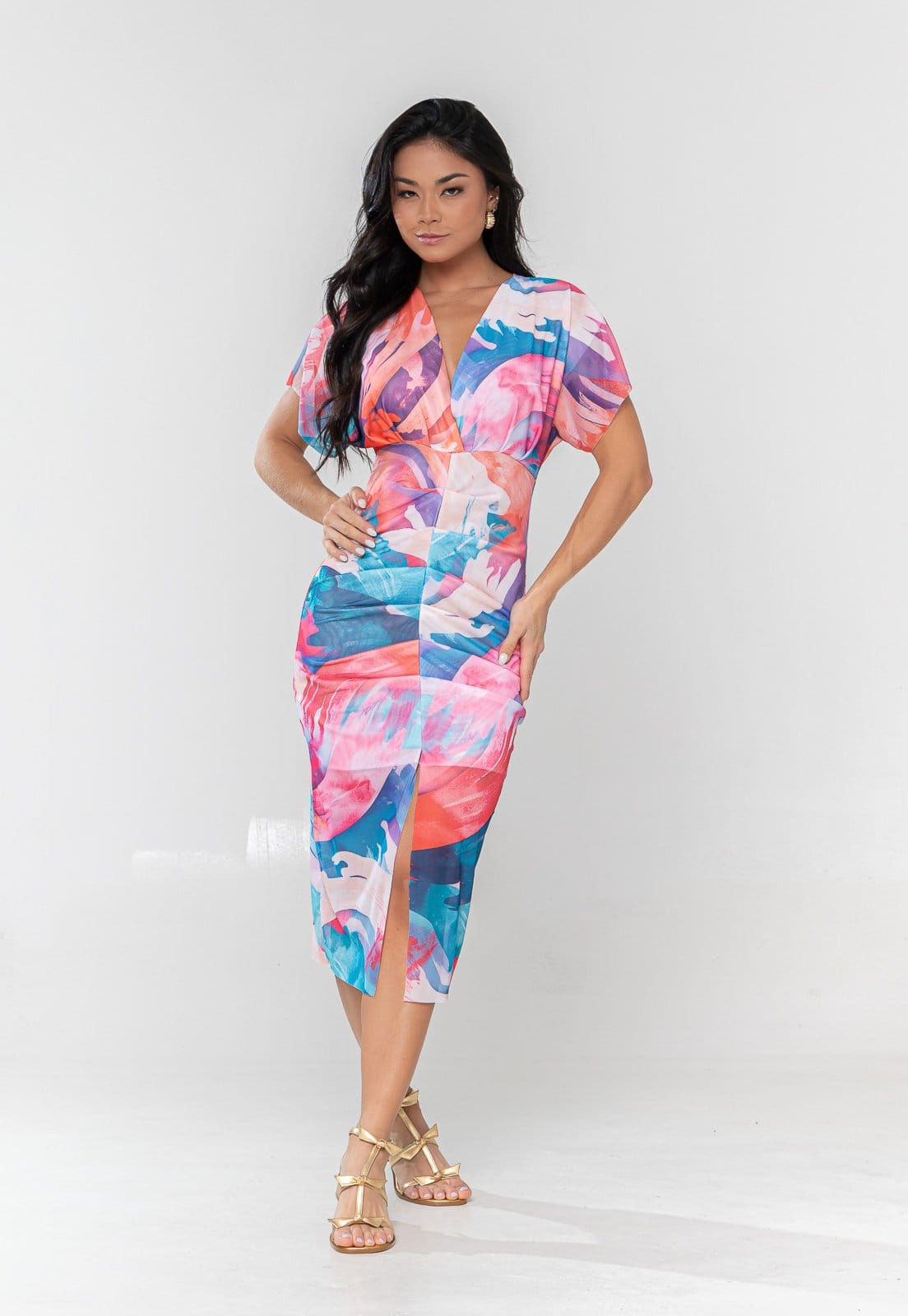 Vista principal Vestido Aura Midi Paola Tule Abstrato Colorido Aura multicolorido