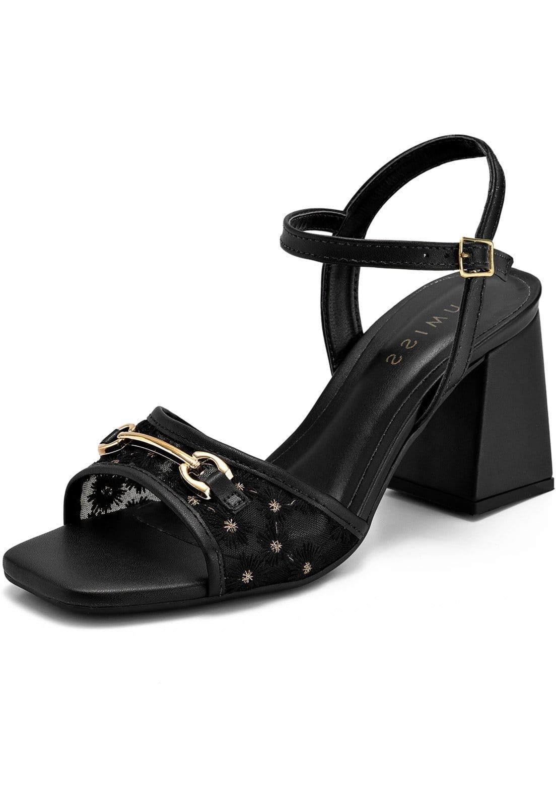 Sandália Feminina Lumiss Salto Alto Bloco Tule Flor Bico Quadrado Confortável