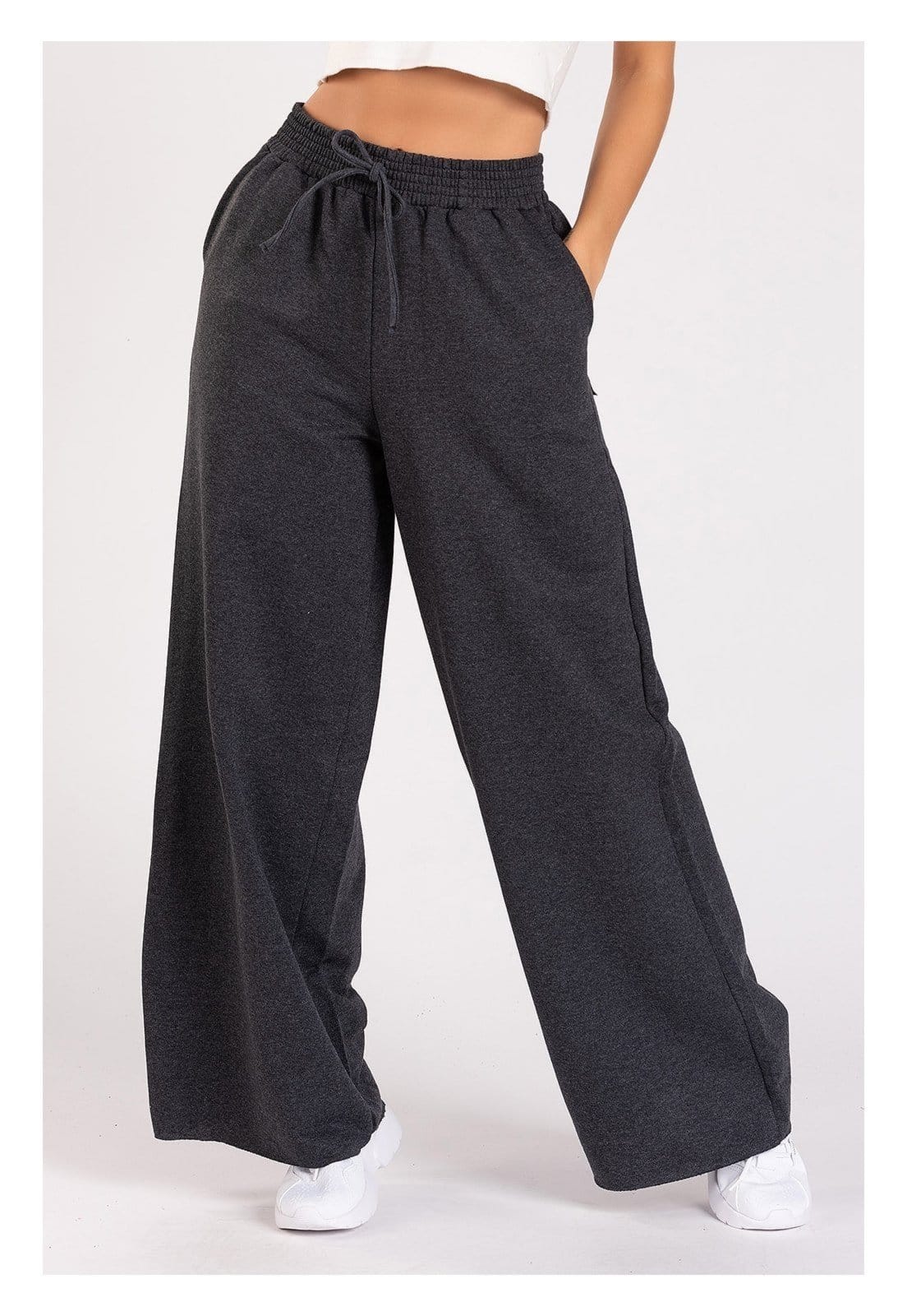 Vista principal Calça Moletinho Meujeans Wide Leg Mescla Escuro Meu Jeans cinza