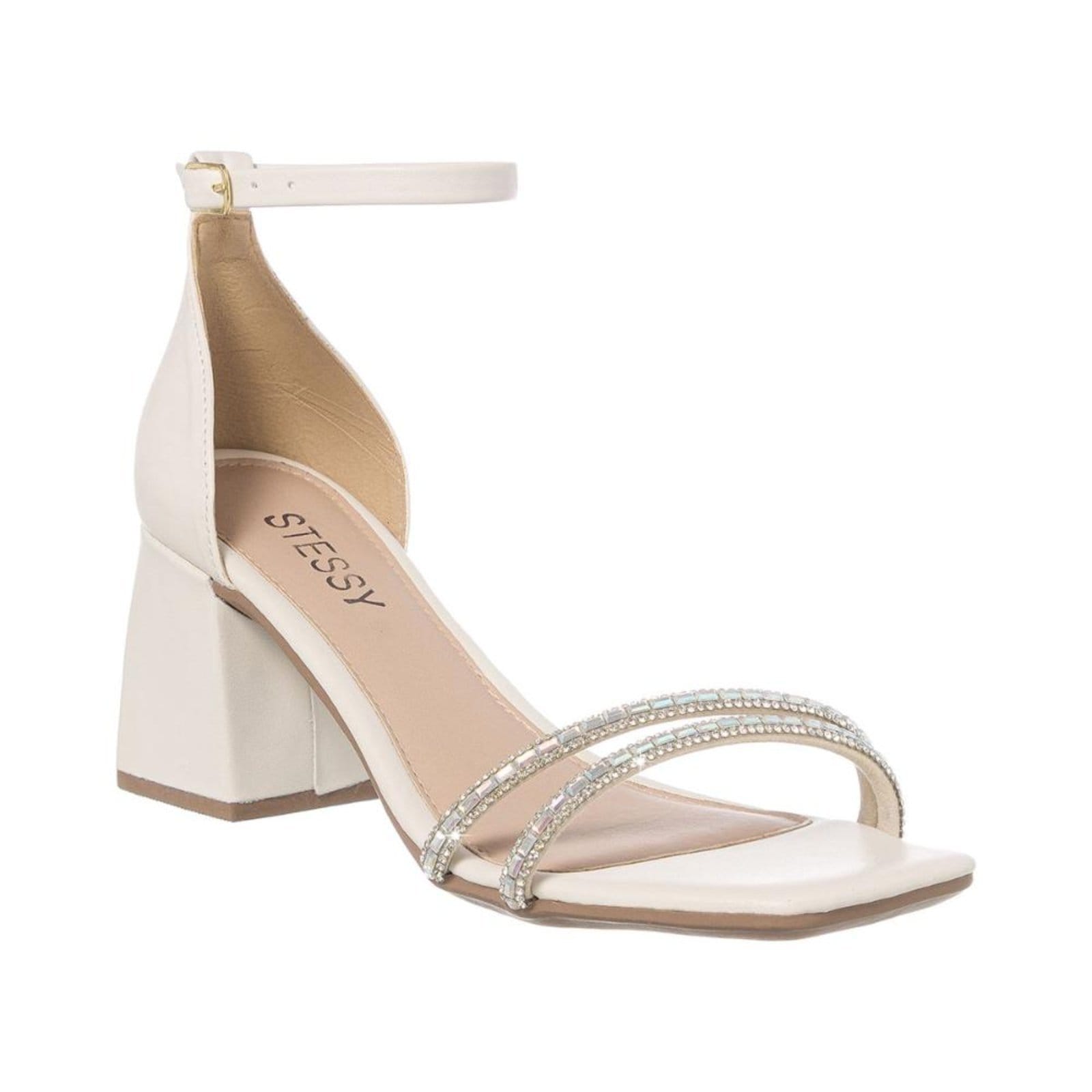 Sandália Feminina Salto Grosso Brilho Festa Confortável Luxo Off White