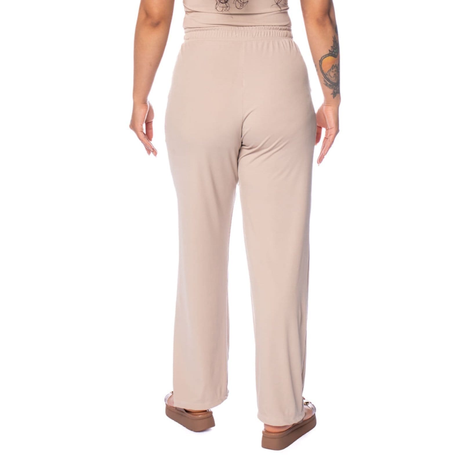 Vista 2 Calça Feminina Babicat Reta Cintura édia Canelada Babicat bege