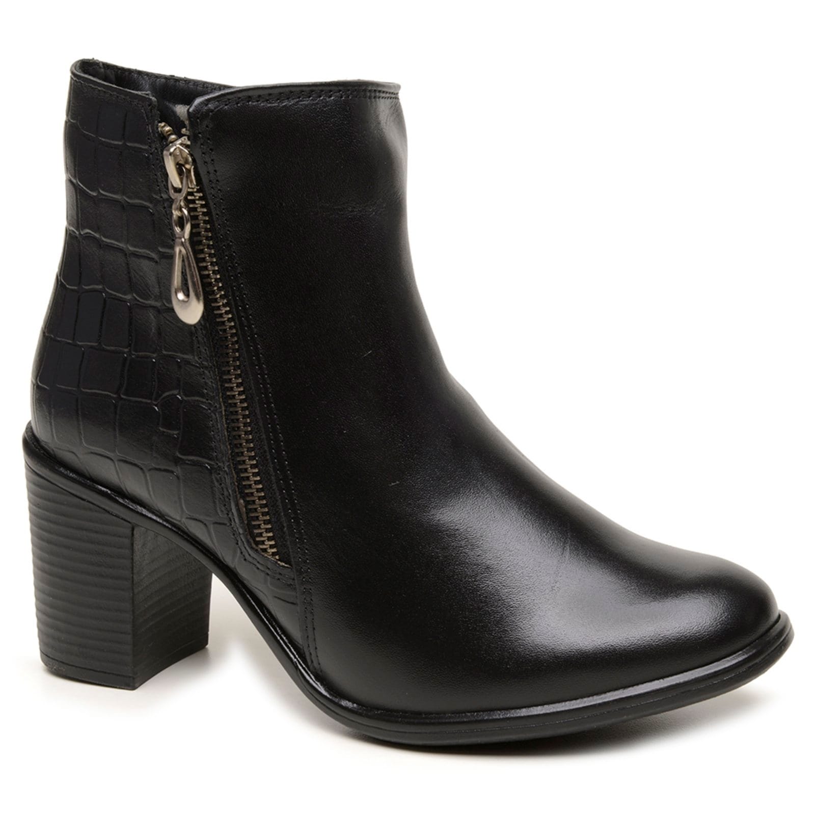 Vista principal Bota Feminina Salto Bloco Couro Legítimo Textura Croco Zíper Estilo Moderno FRANCA GRIFFE preto