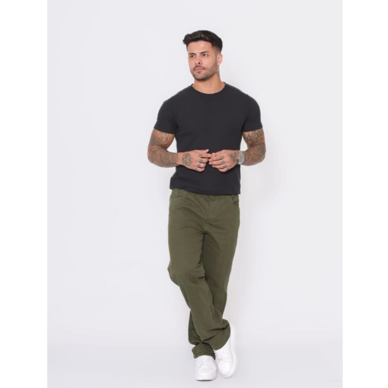 Vista 2 Calça Masculina Verde Alemanha Alleppo Jeans verde militar