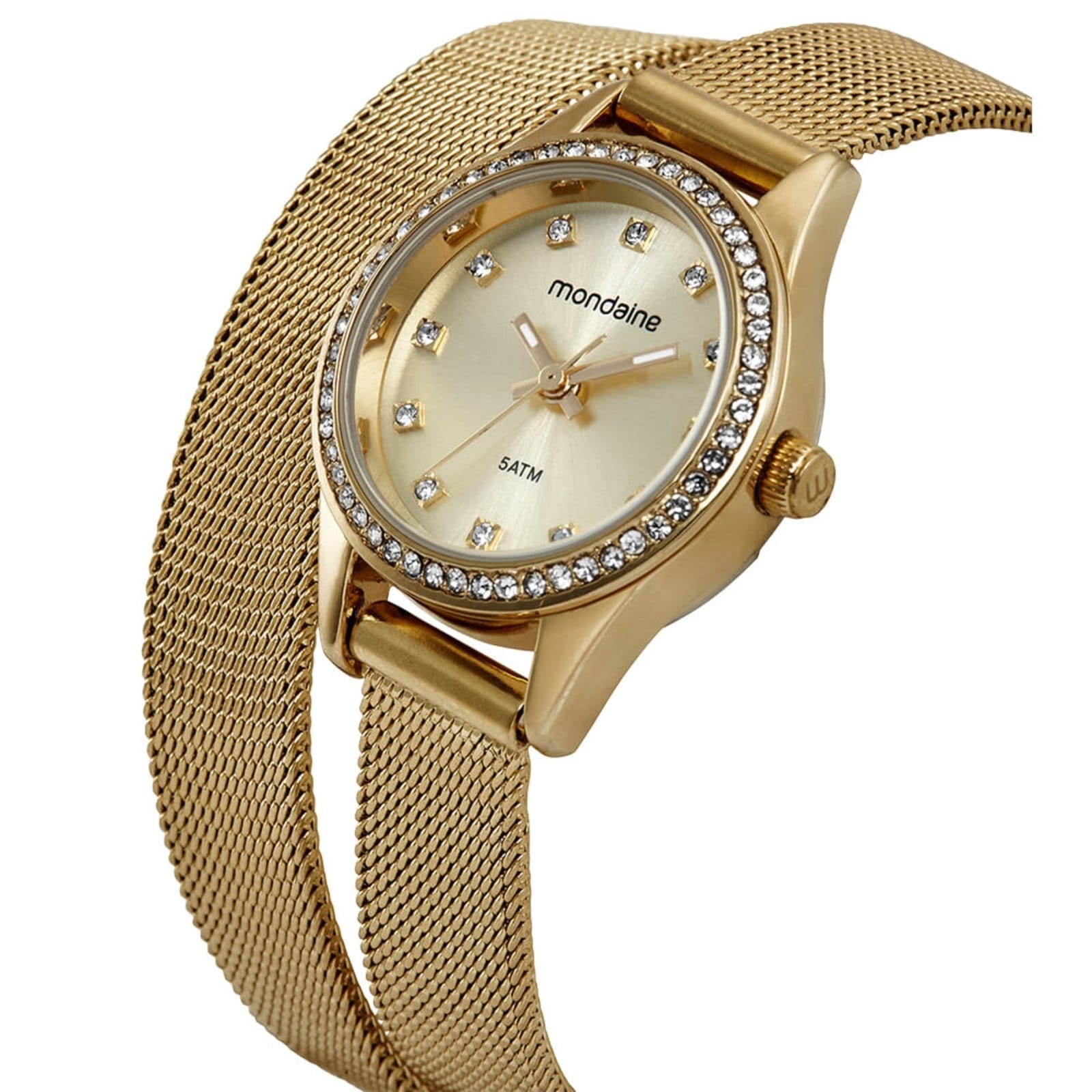 Vista 2 Relógio Feminino Cristais Pulseira Dupla Volta Mondaine dourado