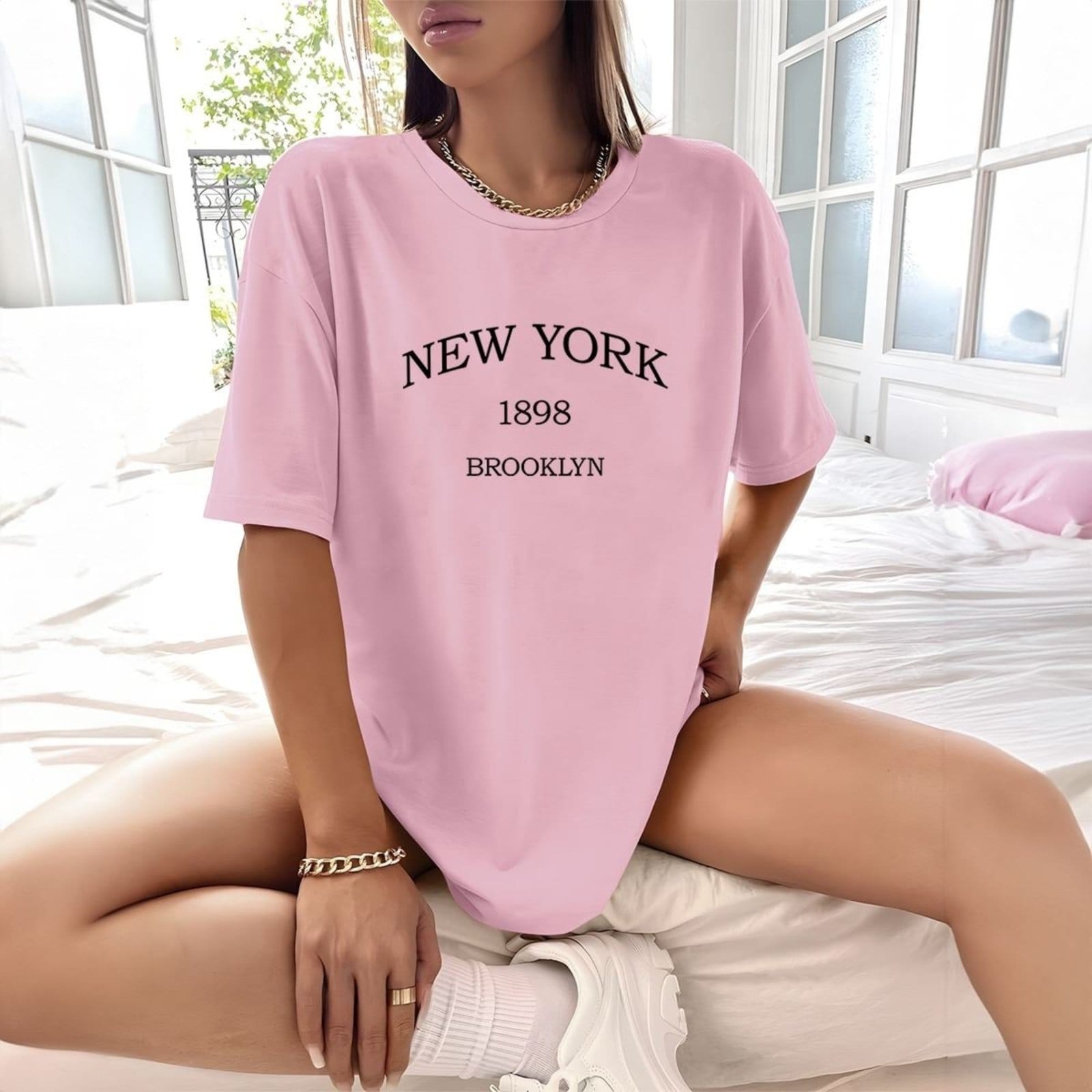 Camisa Camiseta Feminina Estampada New York 1898 Brooklyn 100% Algodão Fio 30.1 Penteado