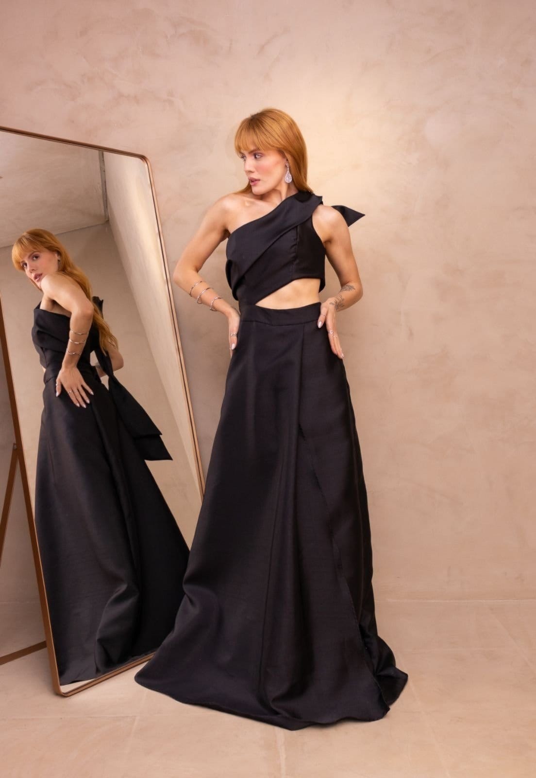 Vestido Longo de Festa Madrinhas Laço Abetura Lateral Acetinado Taylina