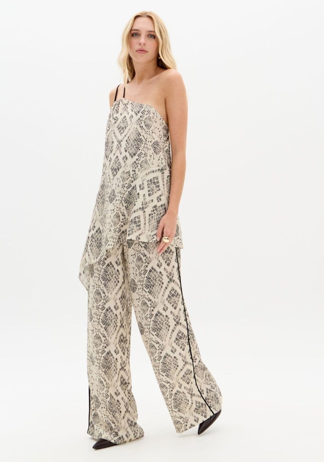 Vista principal Calça Reta Cós Elástico Cintura Média Estampada My Favorite Things bege