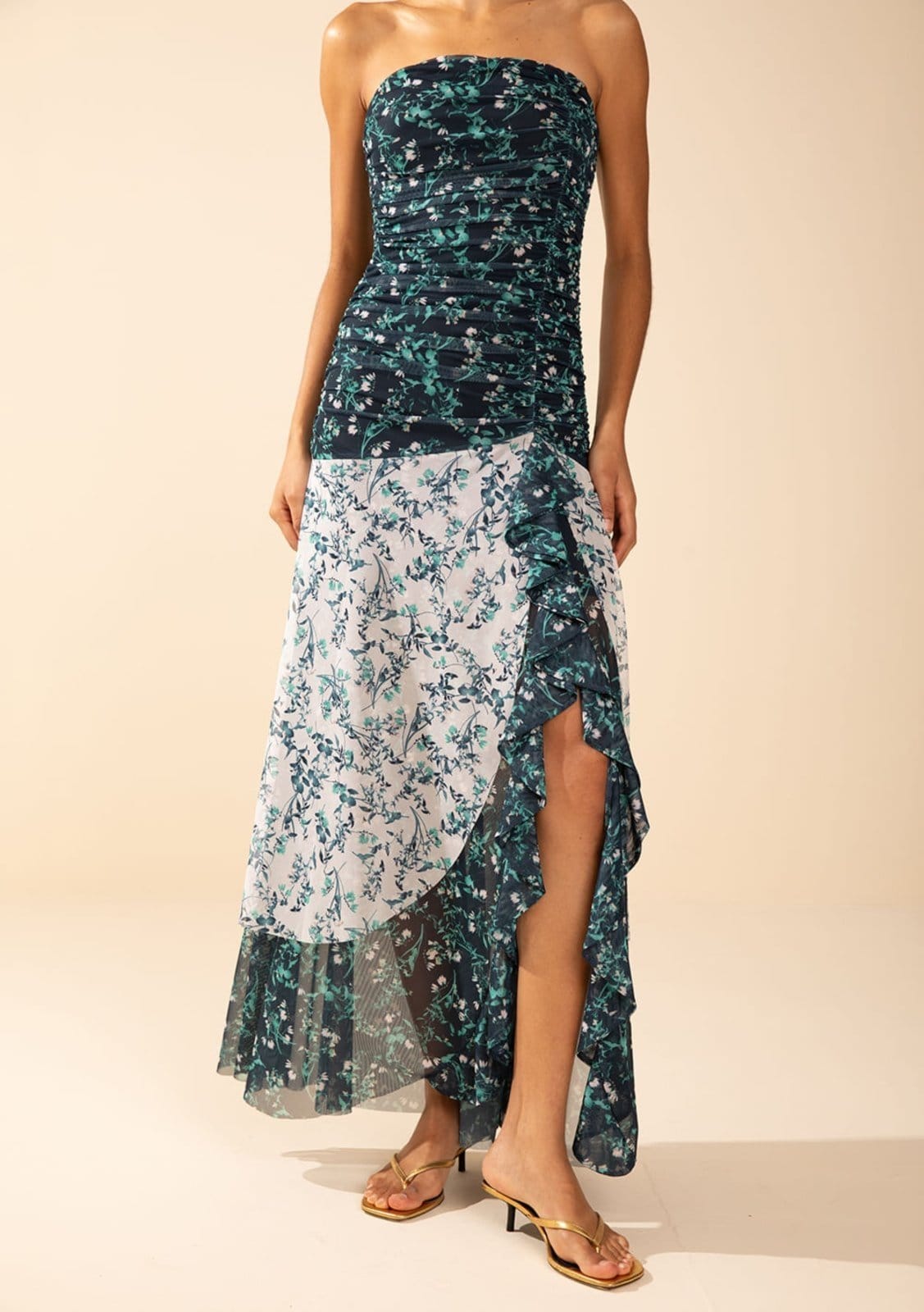 Vista 2 Vestido Morena Rosa Ajustado Decote Reto Sem Manga Longo Azul Morena Rosa azul rosa