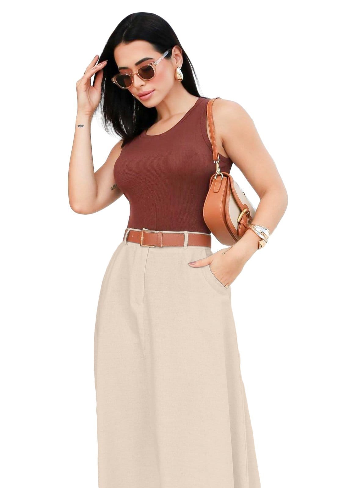 Vista 2 Saia Alfaiataria YWC ind Rodada Evangélica Com Cinto E Bolso YWC ind cáqui