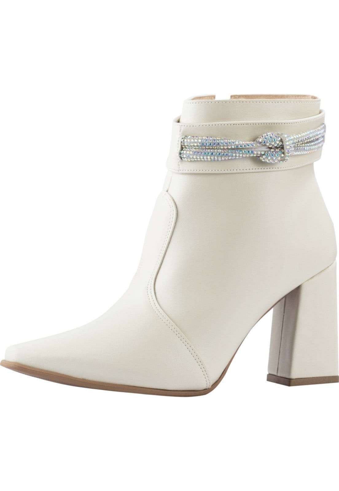 Bota Coturno Feminino Strass Bico Fino Lumiss Salto Alto Grosso Cano Curto Confort Off White