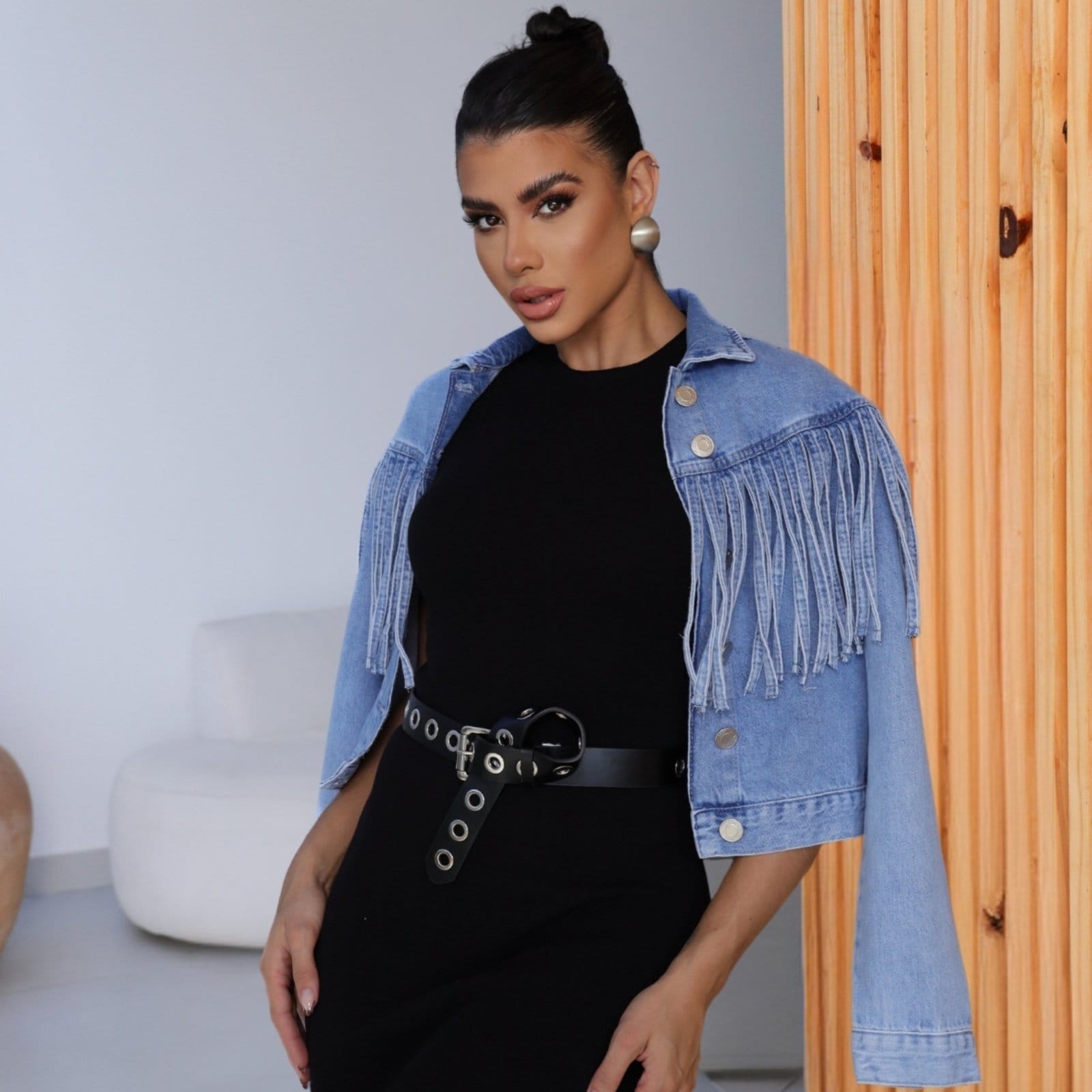 Vista principal Jaqueta Jeans De Franjas Feminina Revanche Cruzília Revanche unico