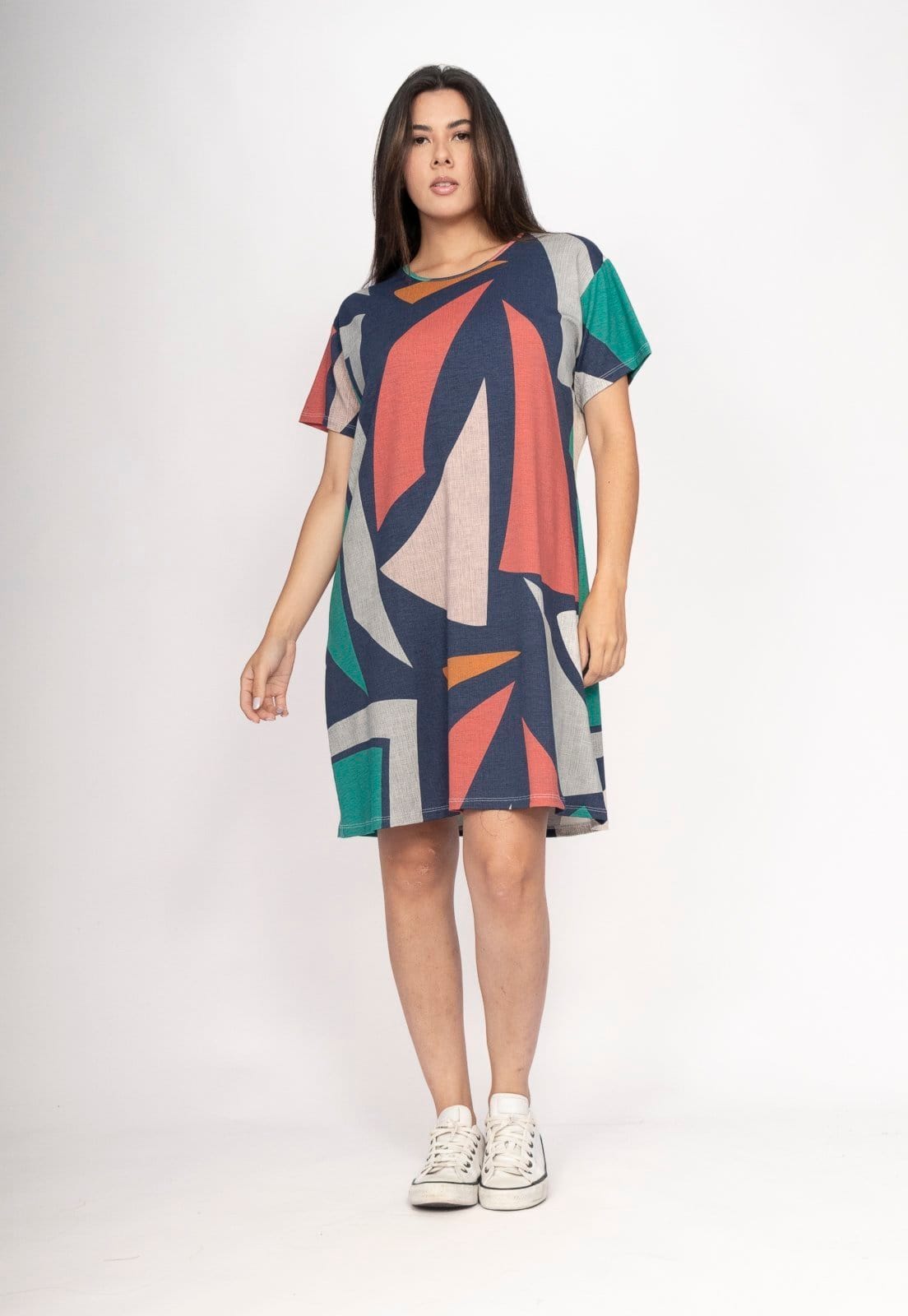 Vista principal Vestido Amazonia Vital Amanayara Curto Malha Geometrias do Tempo Amazonia Vital estampado